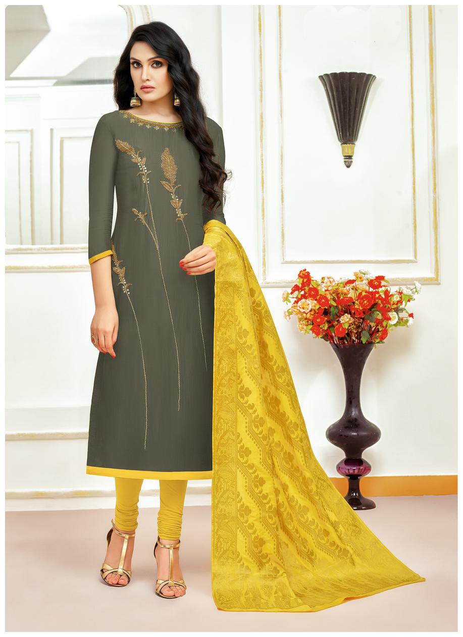 

Rajnandini Olive Green Muslin Cotton Embroidered Unstitched Dress Material