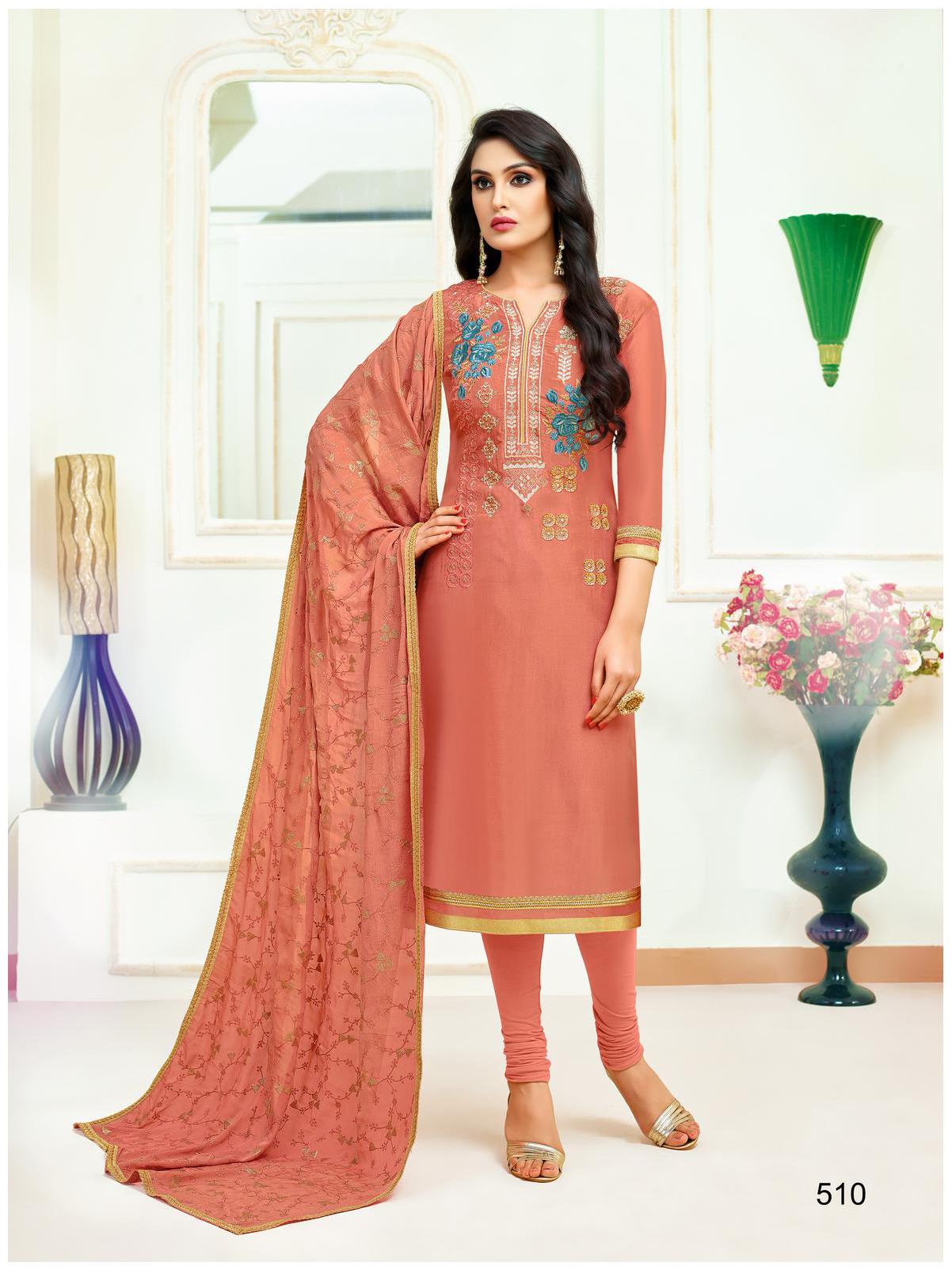 

Rajnandini Peach Upada Silk Embroidered Unstitched Dress Material