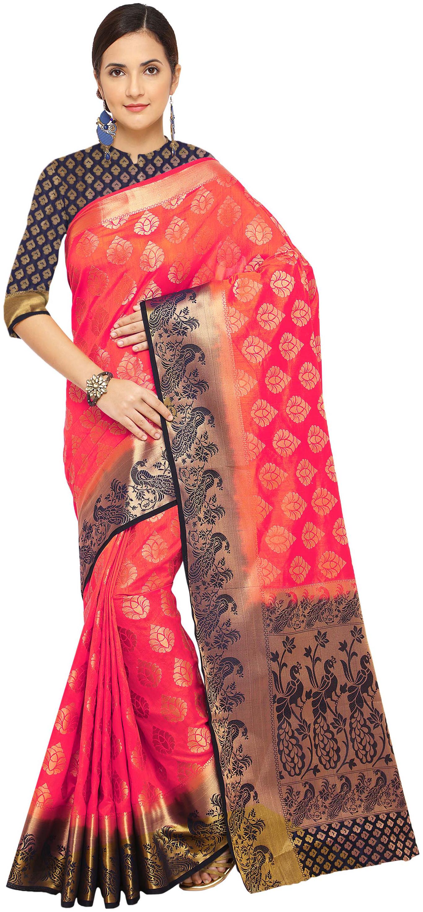 

Rajnandini Peach Silk Kanjivaram Peacock Zari Weaving Work Saree