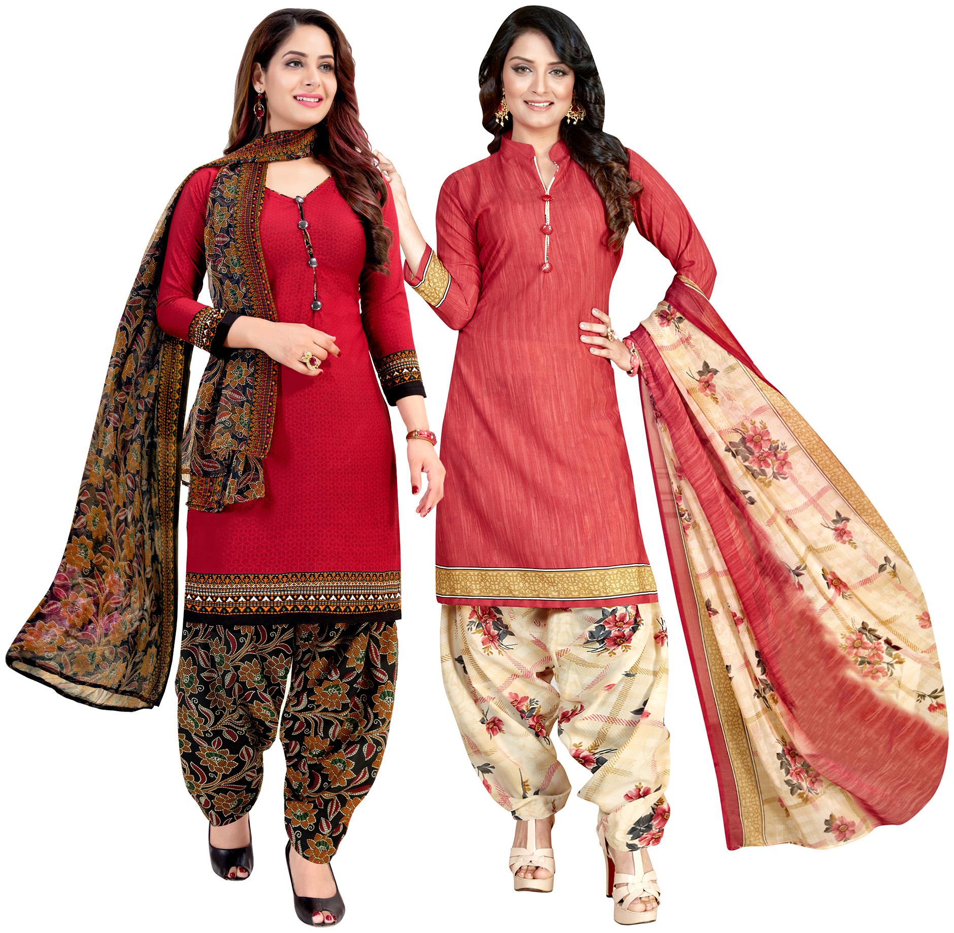 

Rajnandini Red Peach Unstitched Kurta with bottom dupatta With dupatta Dress Material