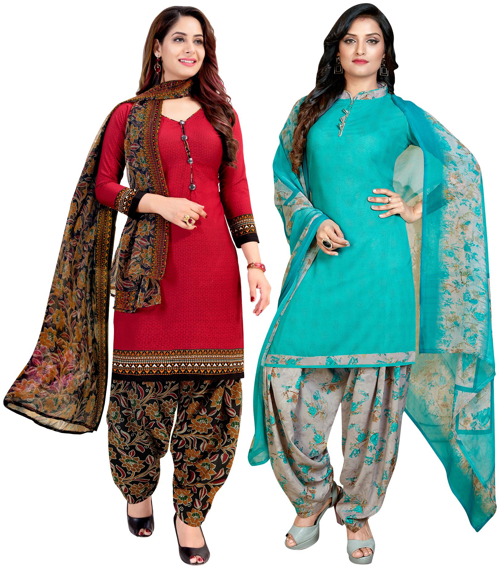 

Rajnandini Red Blue Unstitched Kurta with bottom dupatta With dupatta Dress Material