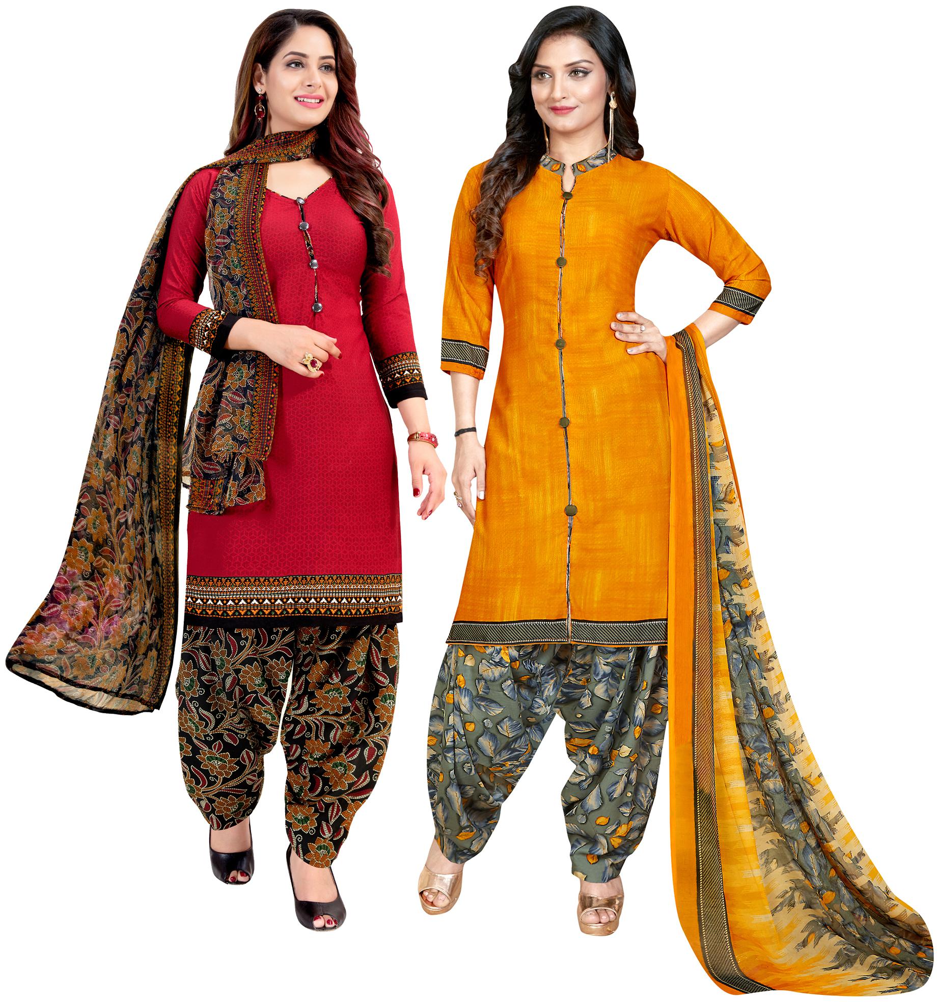 

Rajnandini Red Yellow Unstitched Kurta with bottom dupatta With dupatta Dress Material