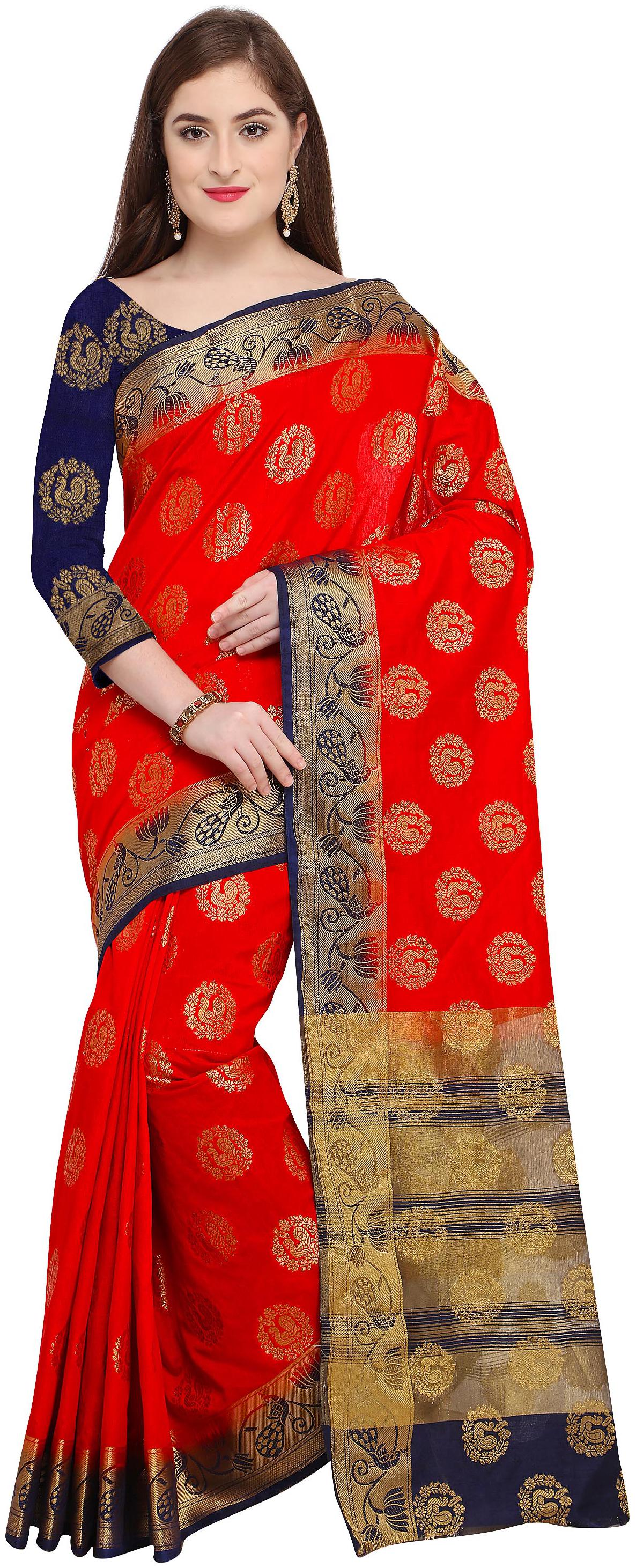 

Rajnandini Red Silk Kanjivaram Peacock Zari Weaving Work Saree