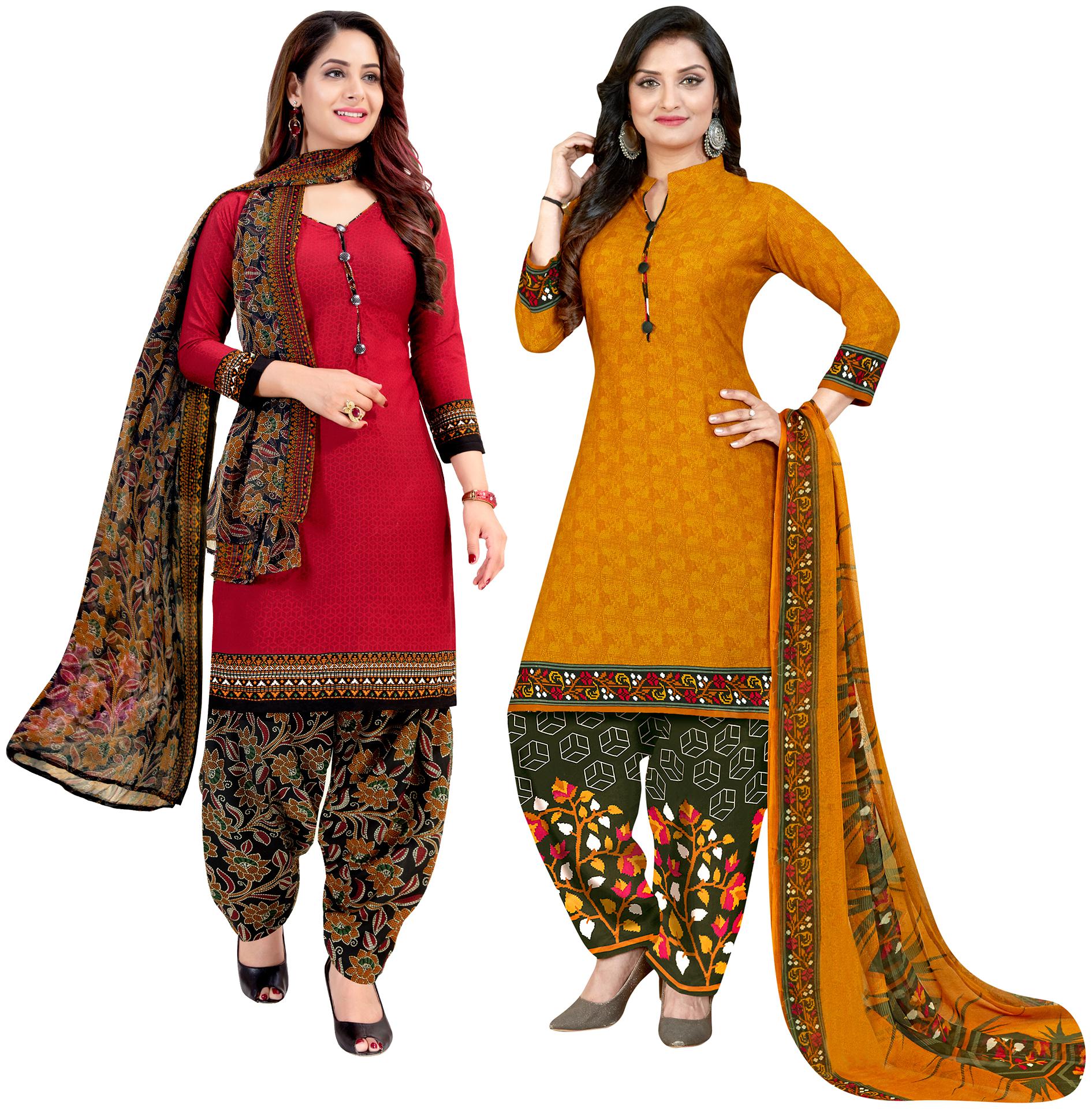 

Rajnandini Red Yellow Unstitched Kurta with bottom dupatta With dupatta Dress Material