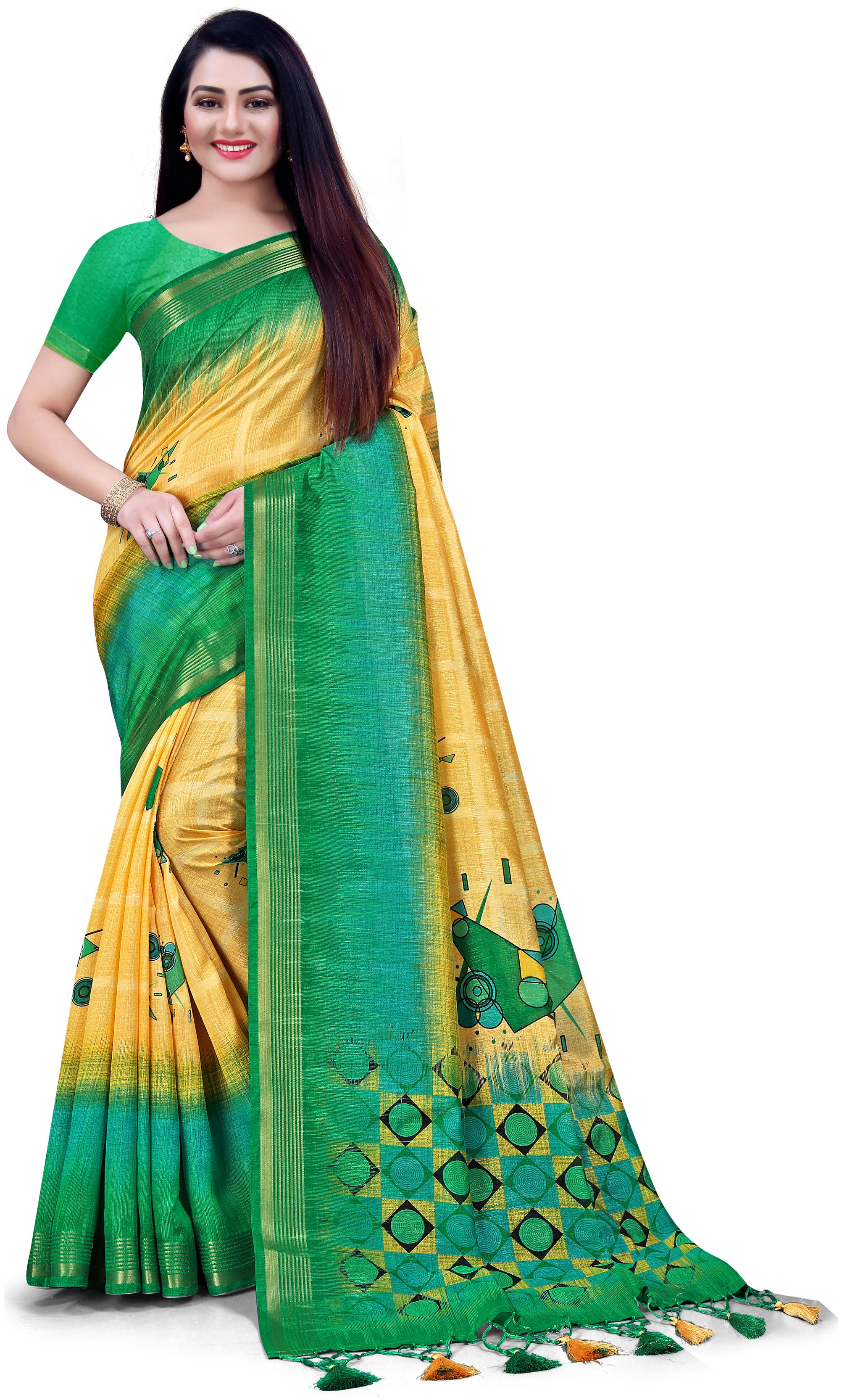 

Rajnandini Silk Printed Yellow and Green Color Saree with Blouse
