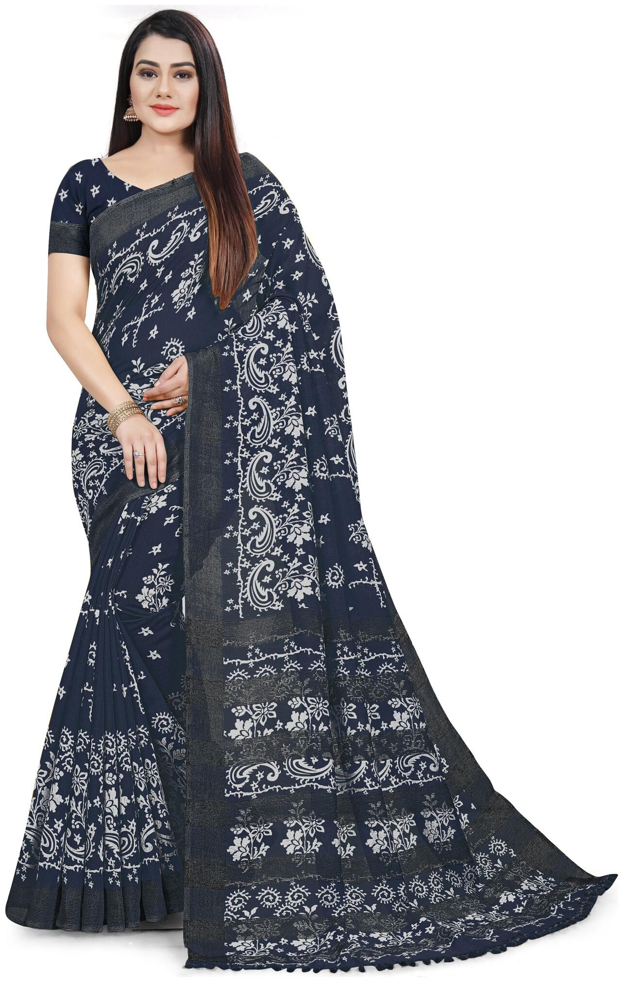 

Rajnandini Silk Printed Navy Blue Color Saree with Blouse