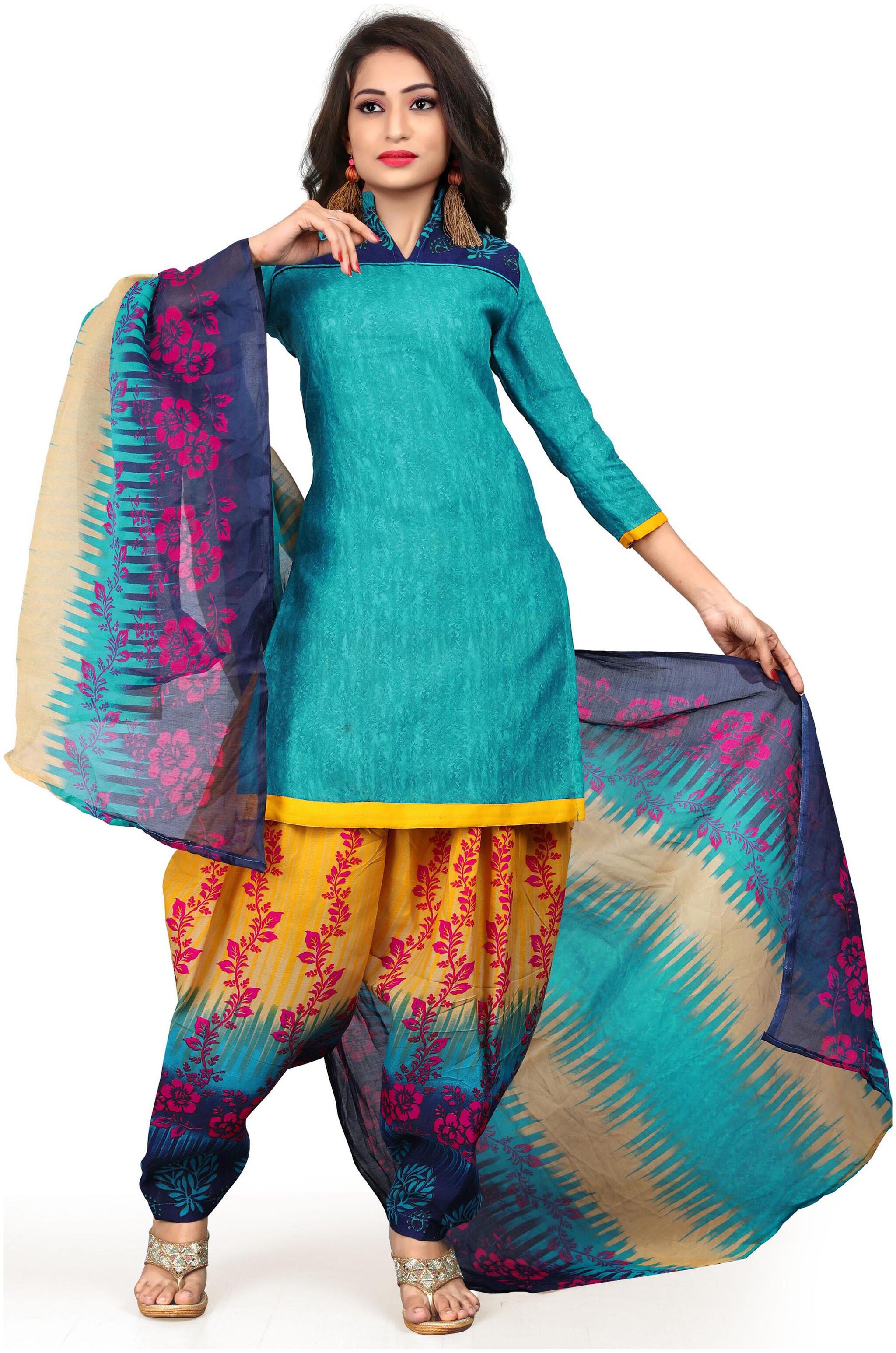 

Rajnandini Turquoise Cotton Printed Unstitched Dress Material