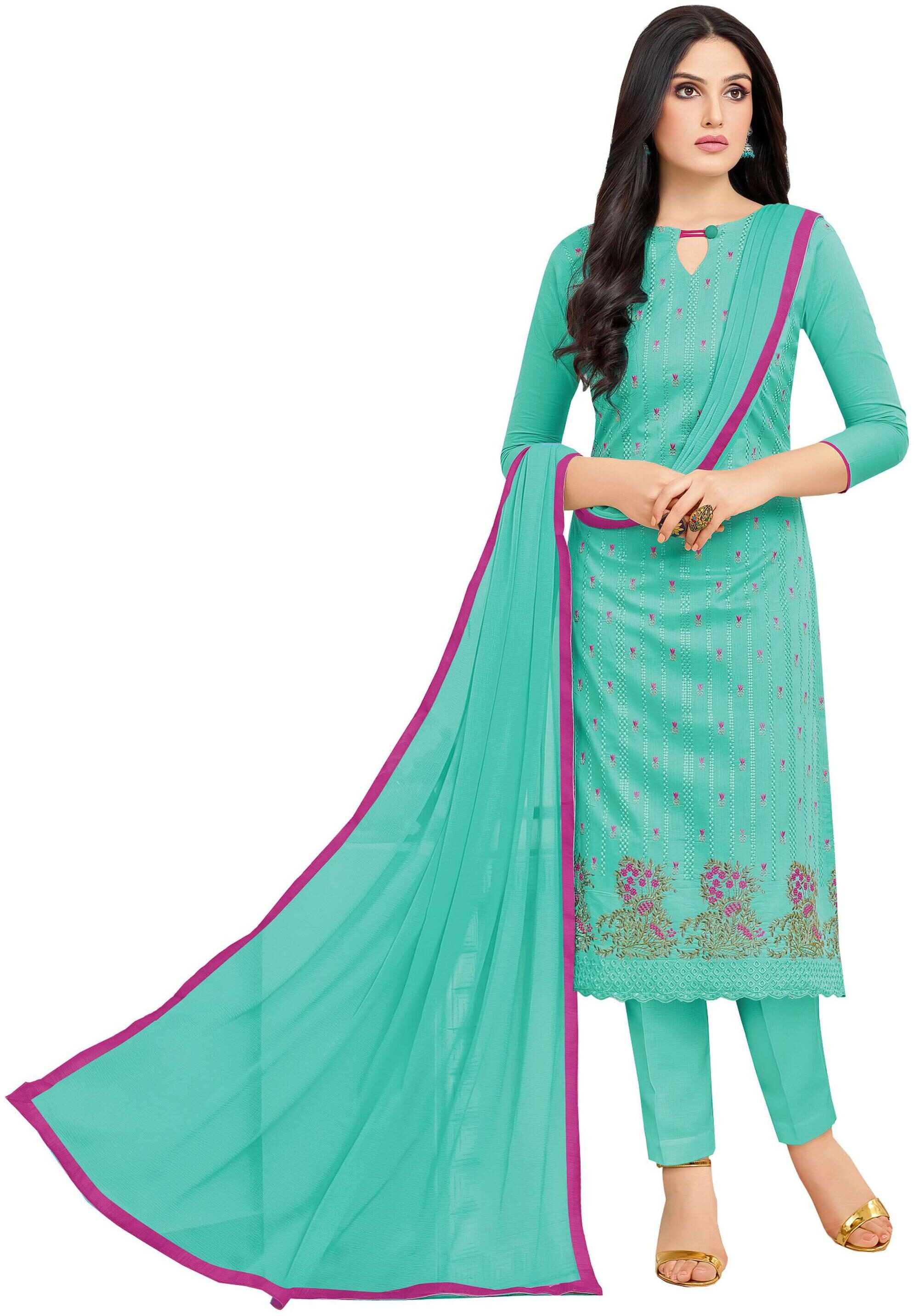 

Rajnandini Teal Blue Pure Cambric Cotton Embroidered Unstitched Dress Material