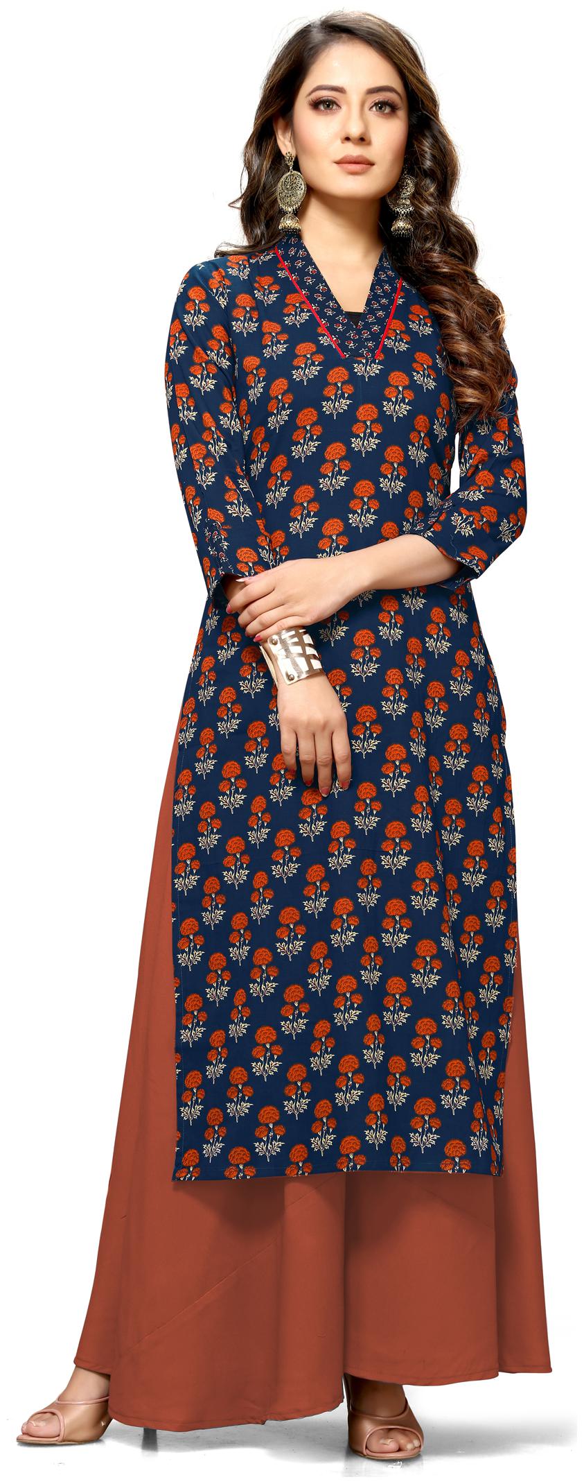 

Rajnandini Women Navy Blue Printed Straight Kurti