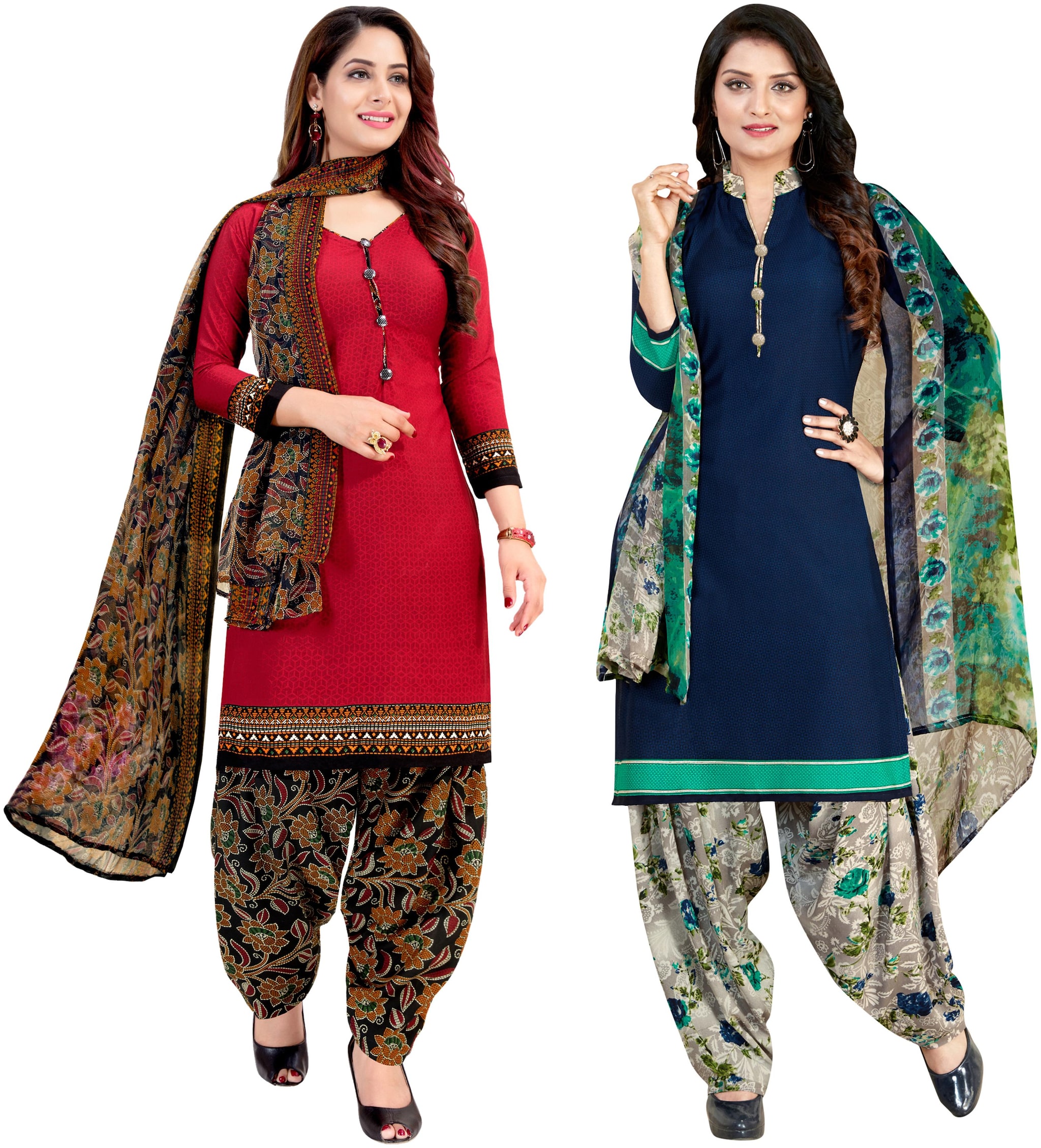 

Rajnandini Red Blue Unstitched Kurta with bottom dupatta With dupatta Dress Material