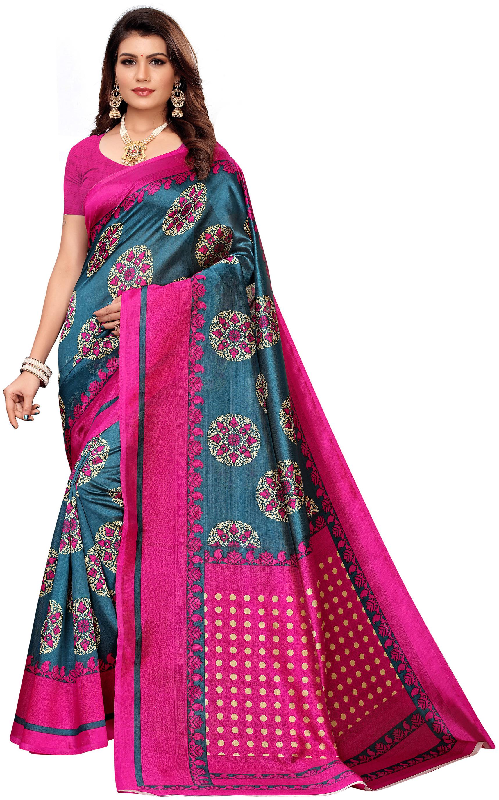 

Rajnandini Women Regular Saree With Blouse - Pink Turquoise