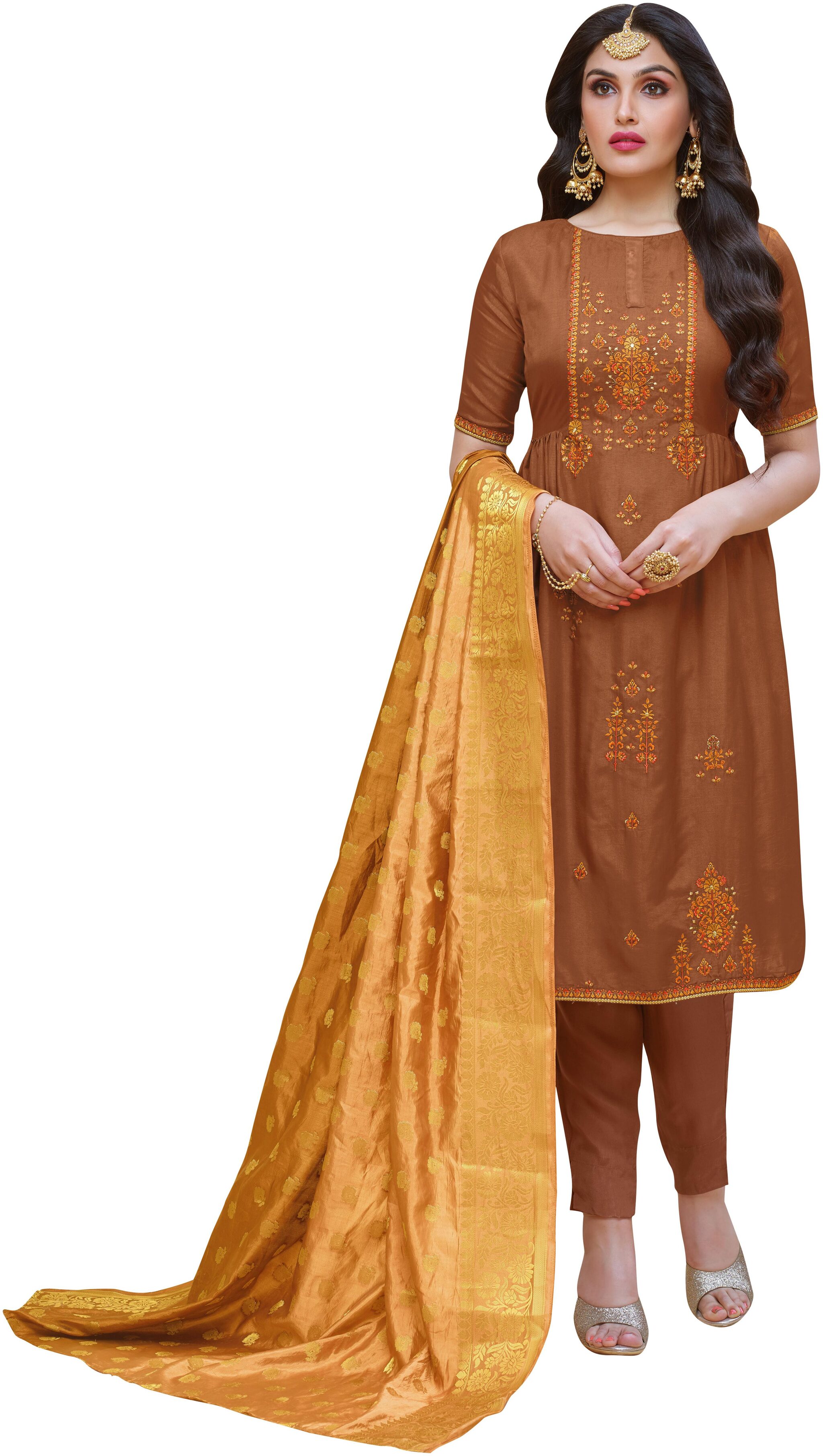 

Rajnandini Brown Unstitched Kurta with bottom dupatta With dupatta Dress Material