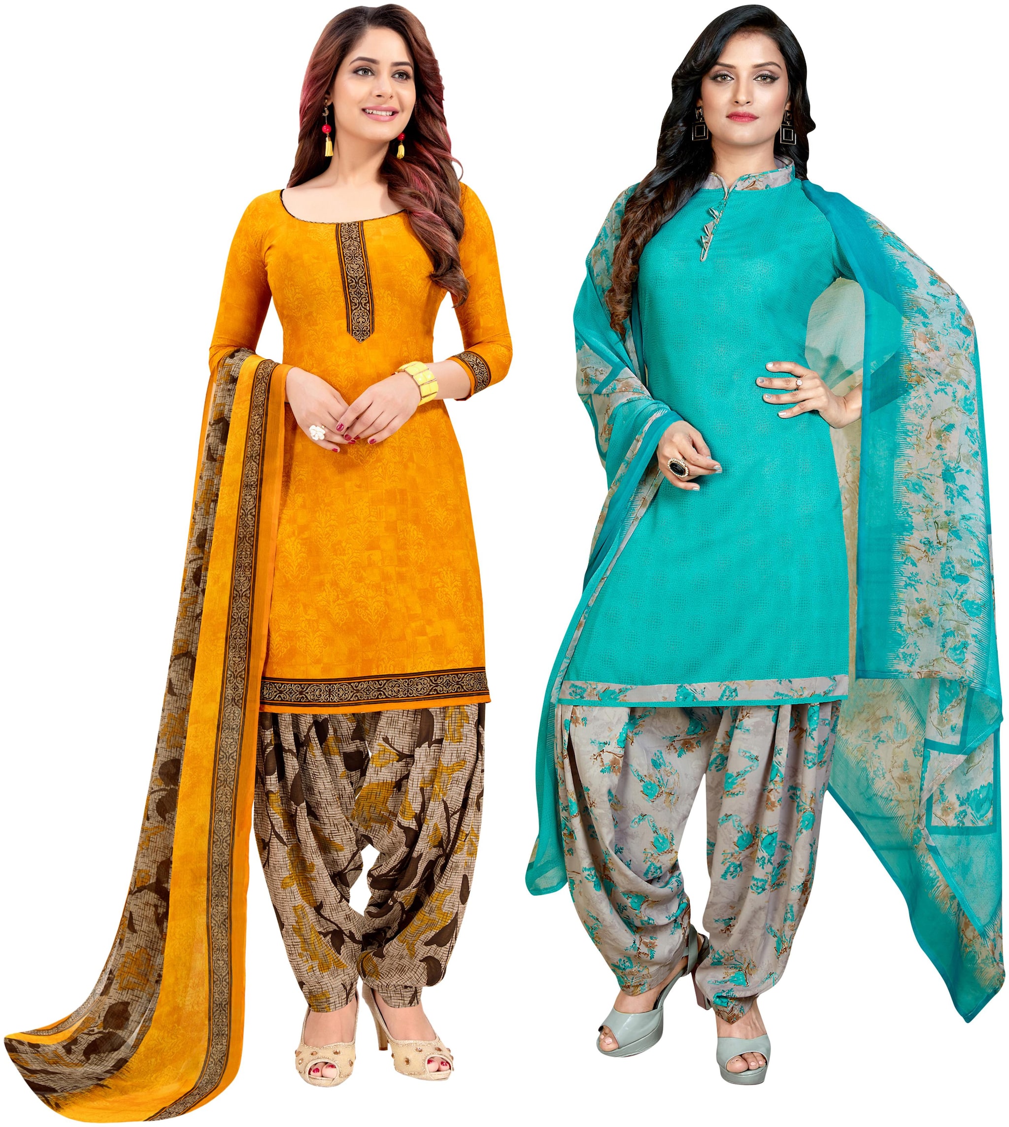 

Rajnandini Yellow Turquoise Unstitched Kurta with bottom dupatta With dupatta Dress Material