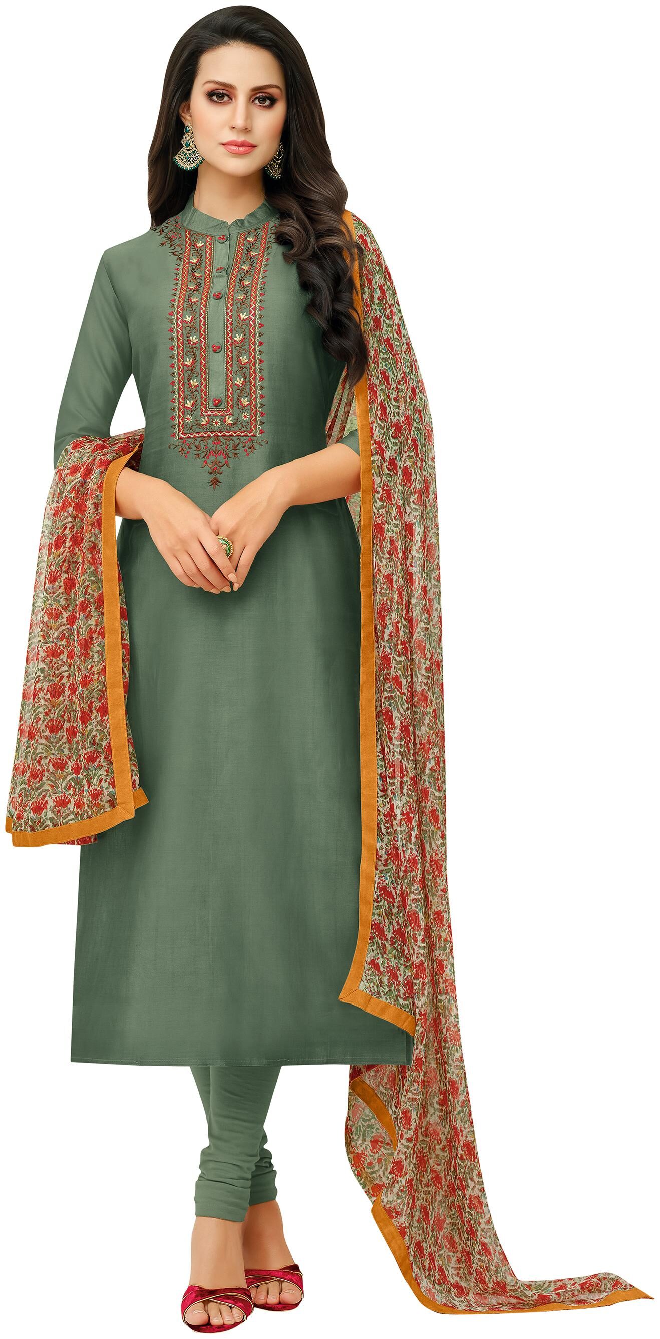 

Rajnandini Women Chanderi Green Dress Material
