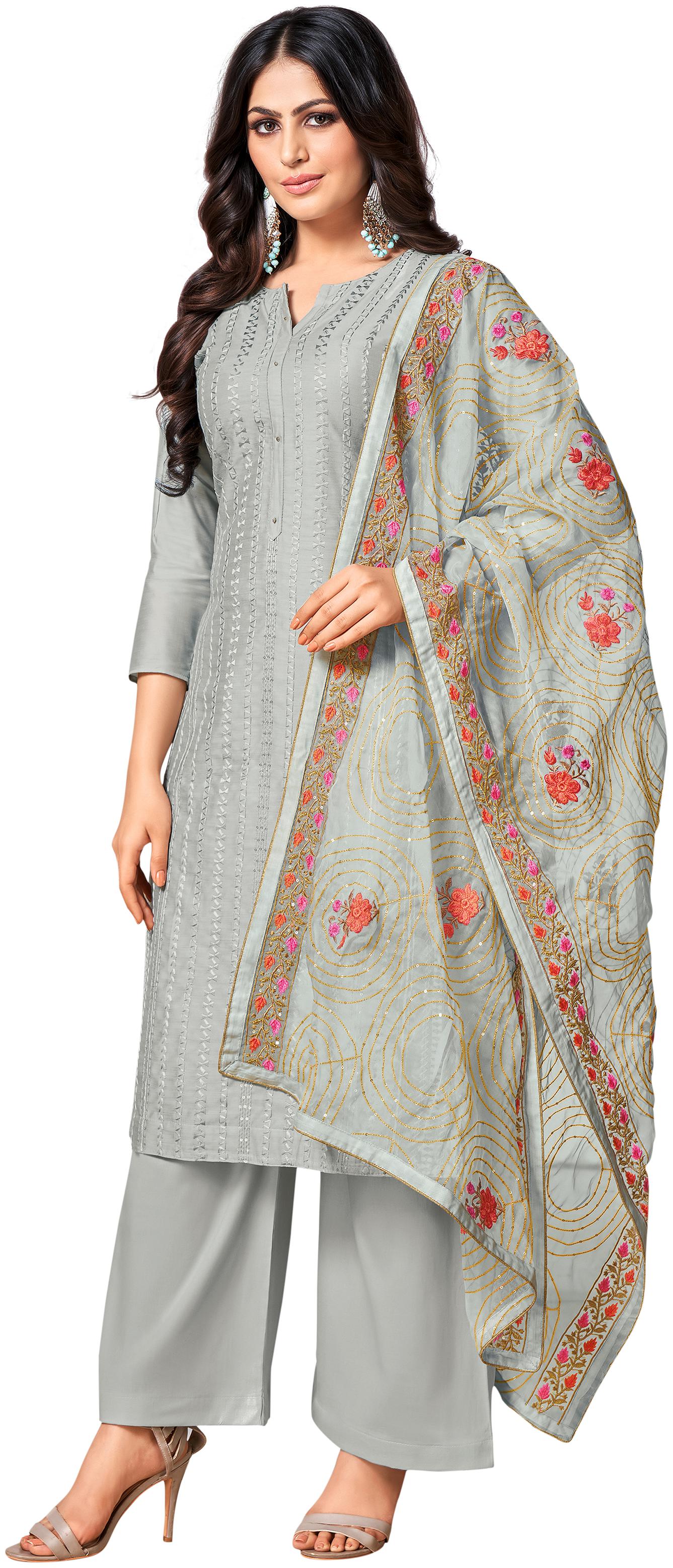 

Rajnandini Grey Unstitched Kurta with bottom dupatta With dupatta Dress Material