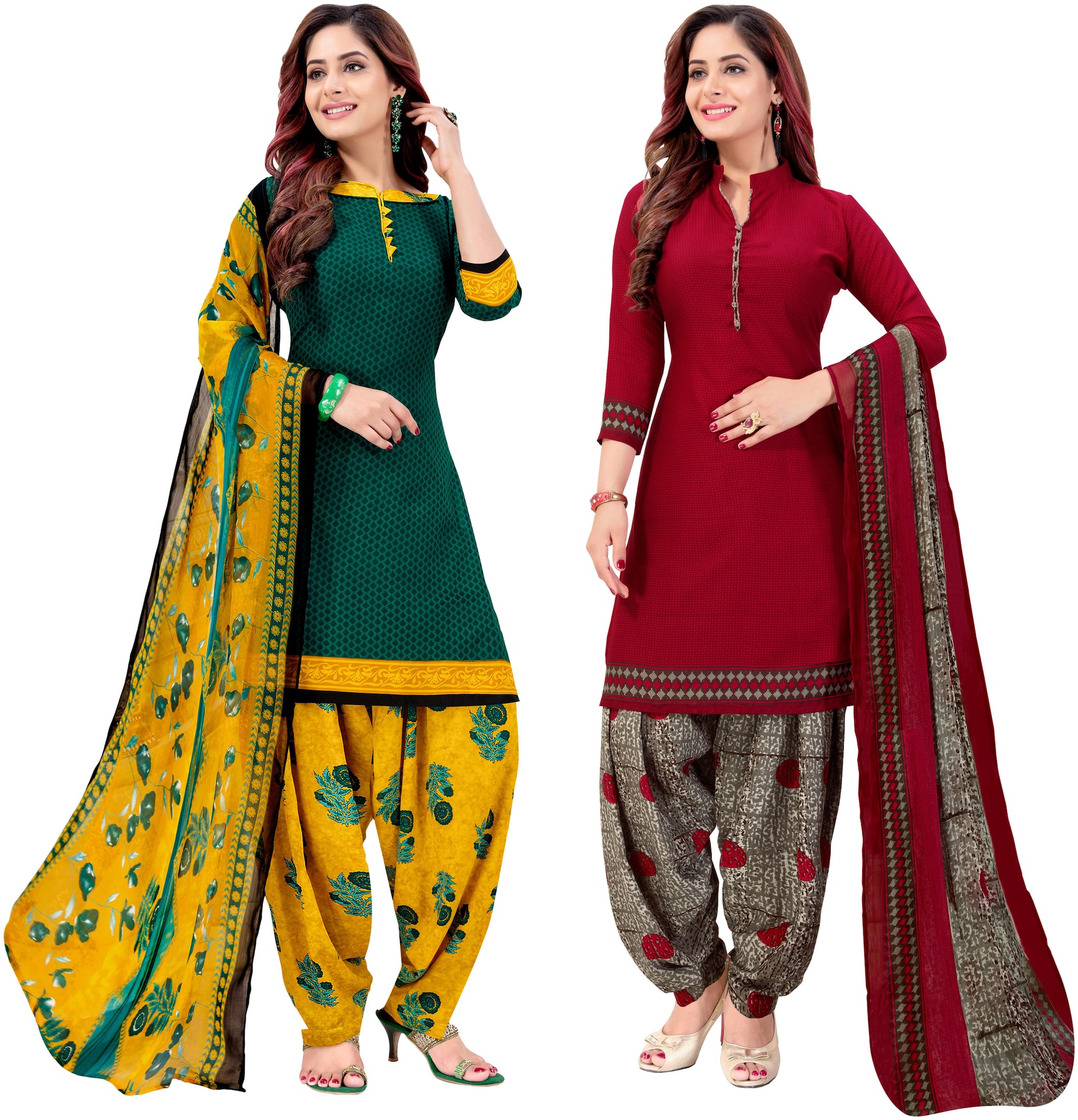 

Rajnandini Green Maroon Unstitched Kurta with bottom dupatta With dupatta Dress Material