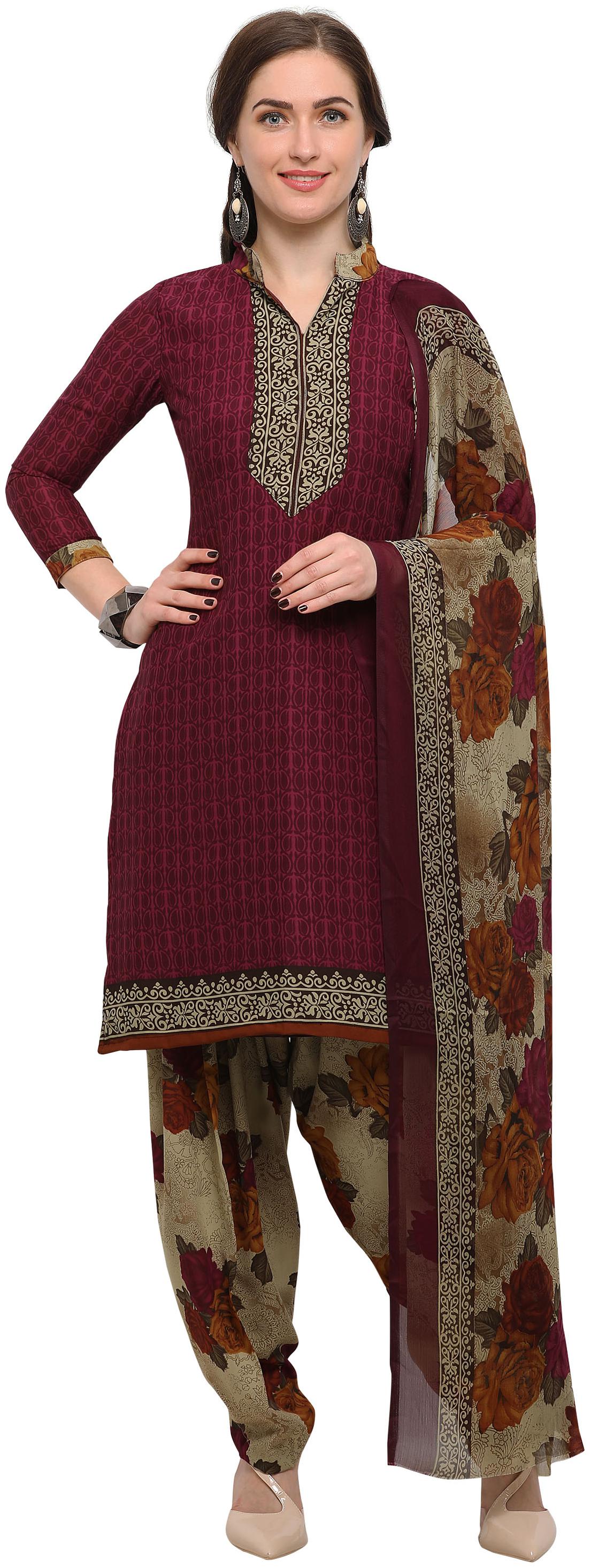 

Rajnandini Wine Crepe Printed Unstitched Dress Material