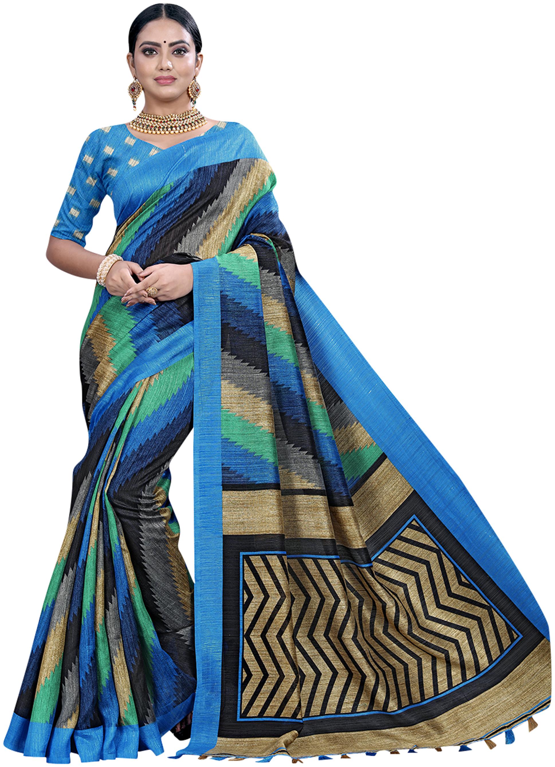 

Rajnandini Women Linen Striped Saree Blue