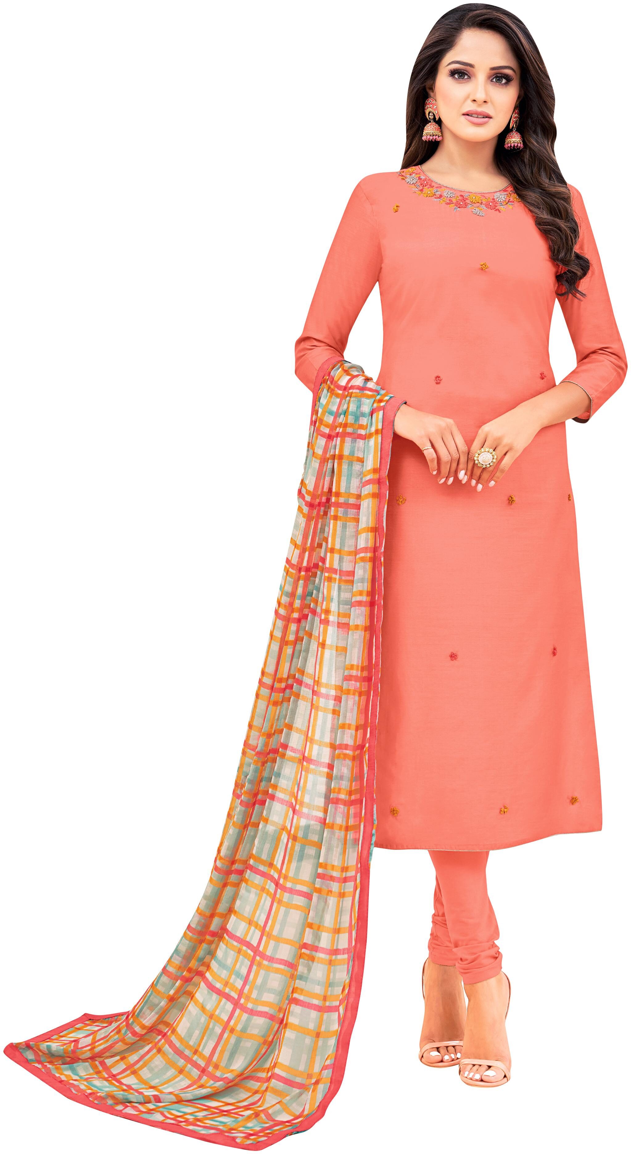 

Rajnandini Women Chanderi Peach Dress Material