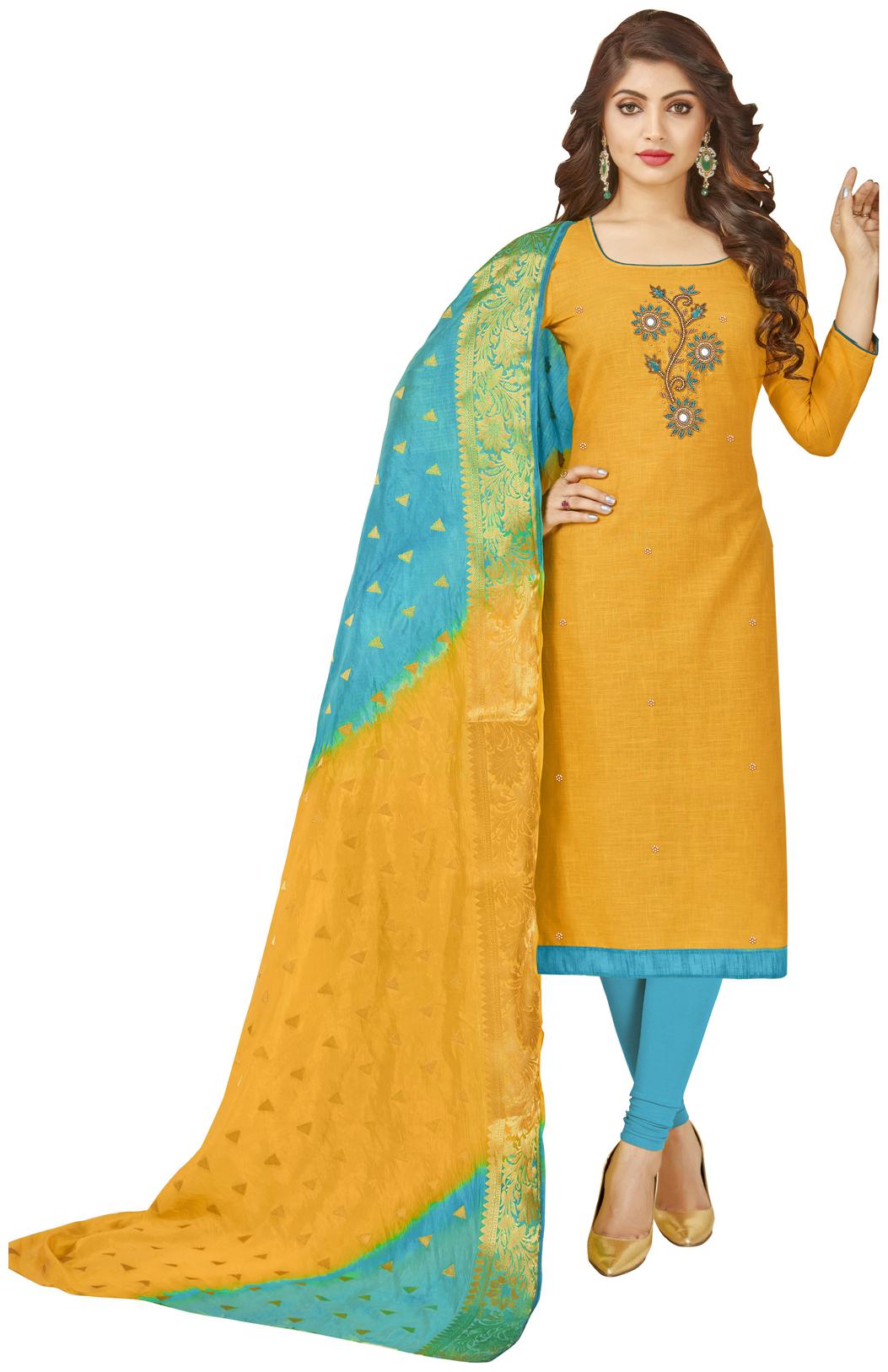 

Rajnandini Yellow Unstitched Kurta with bottom dupatta With dupatta Dress Material