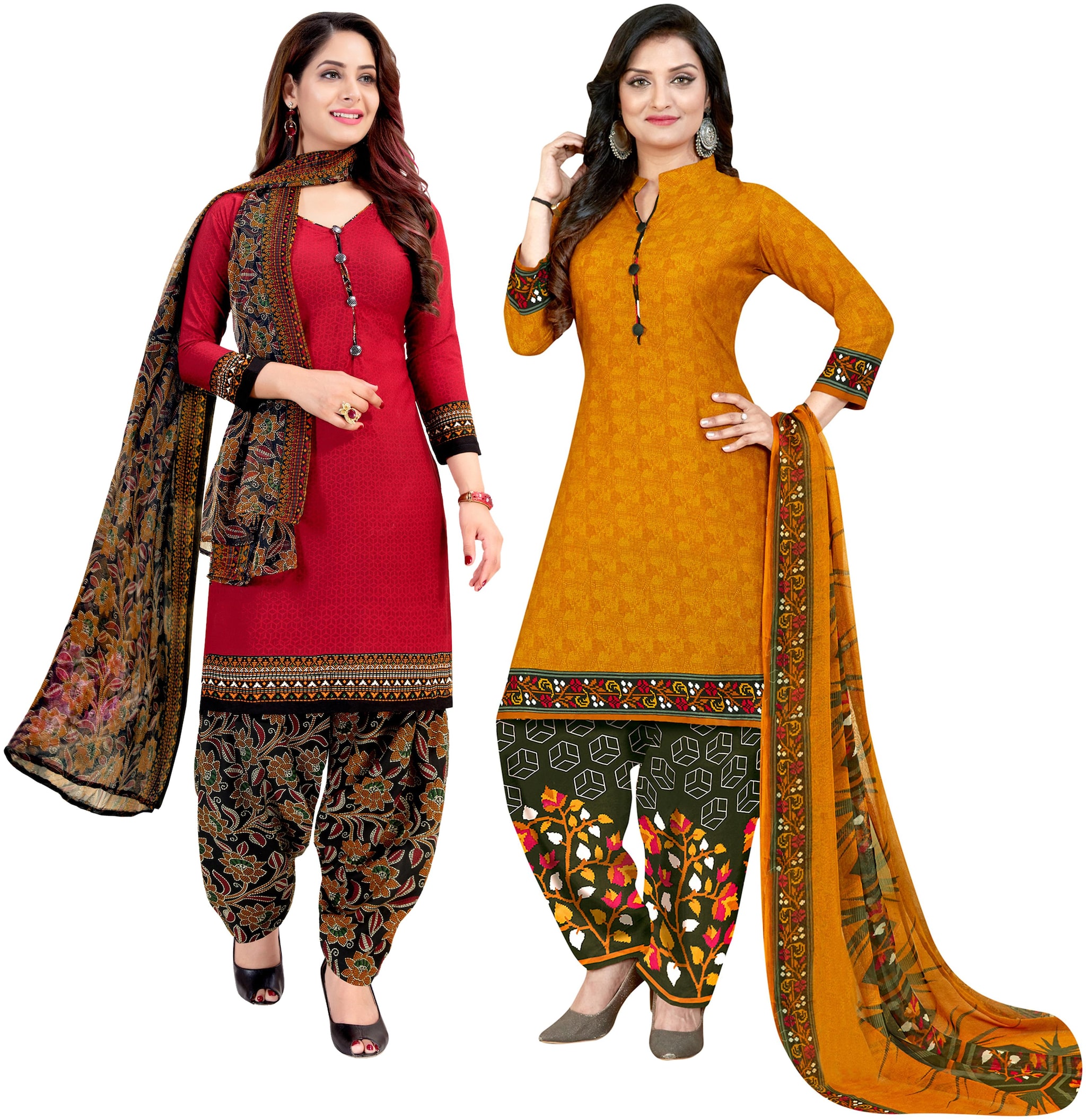 

Rajnandini Red Mustard Unstitched Kurta with bottom dupatta With dupatta Dress Material