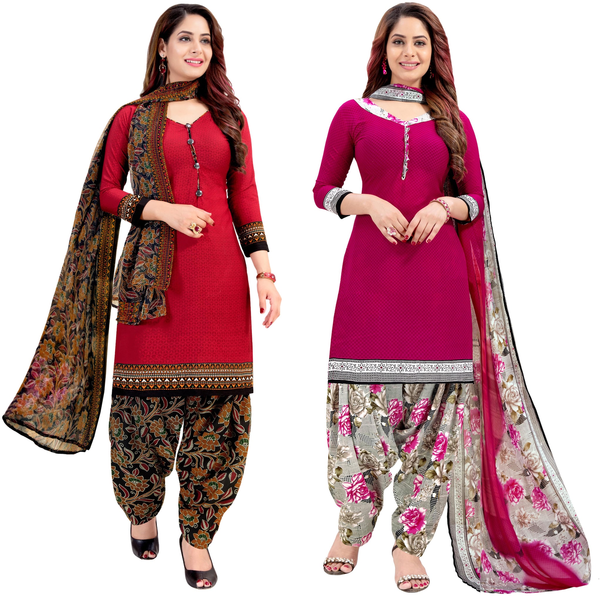 

Rajnandini Red Pink Unstitched Kurta with bottom dupatta With dupatta Dress Material