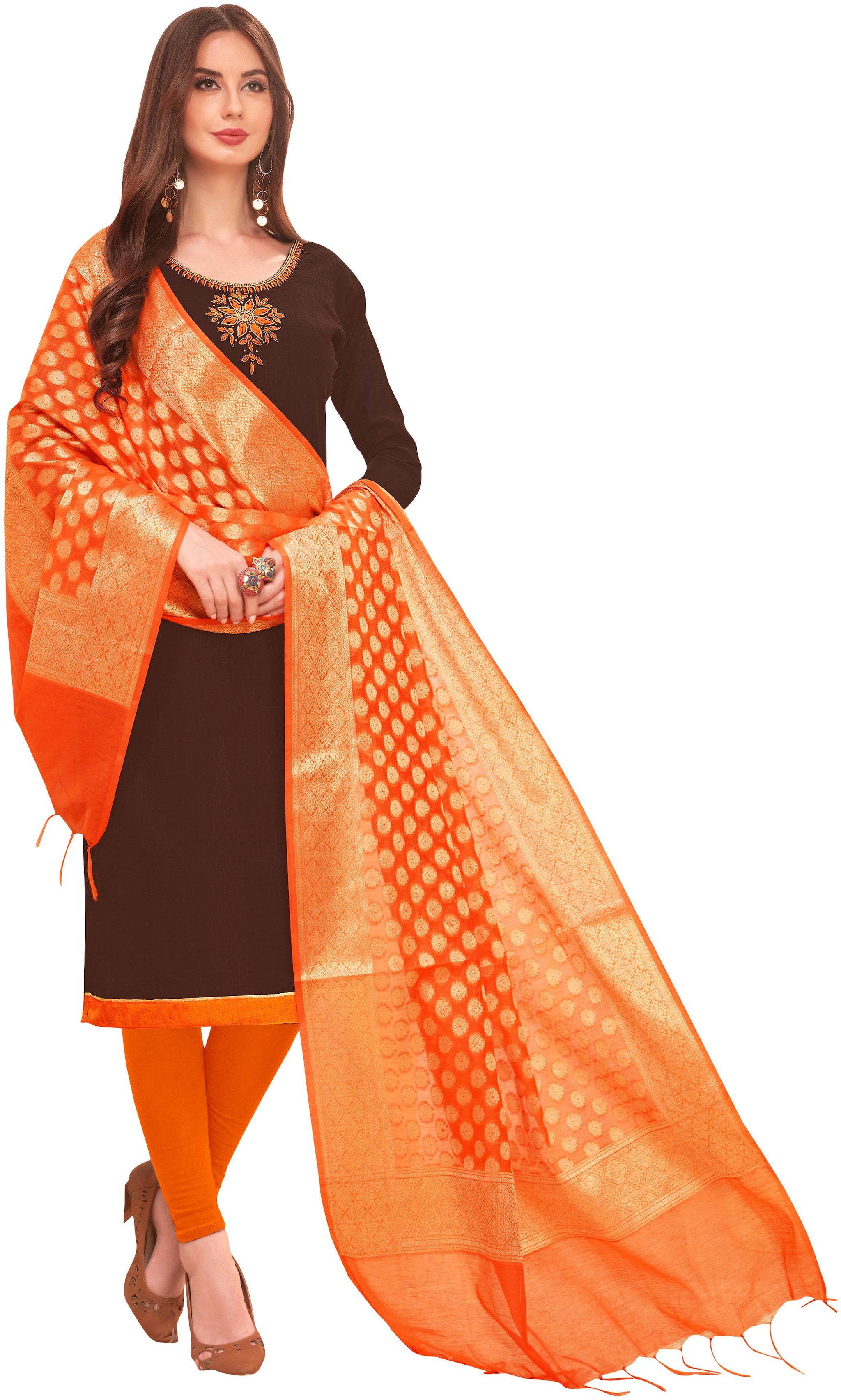 

Rajnandini Brown Unstitched Kurta with bottom dupatta With dupatta Dress Material