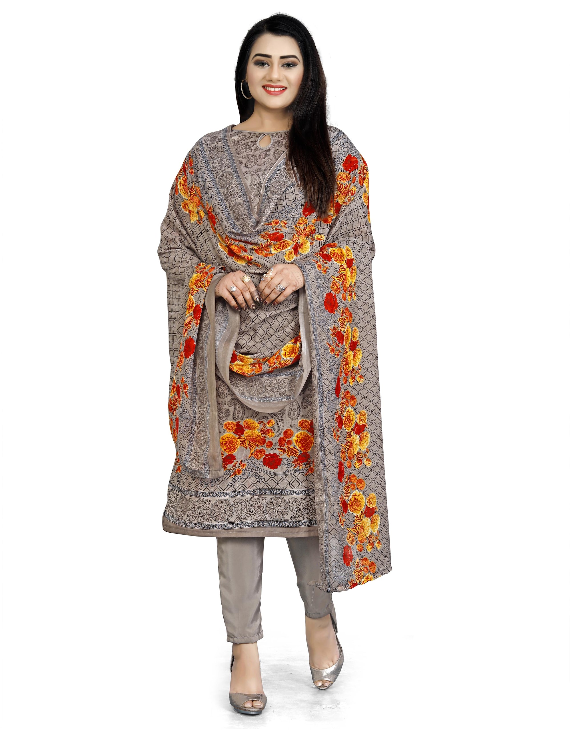 

Rajnandini Grey Unstitched Kurta with bottom dupatta With dupatta Dress Material