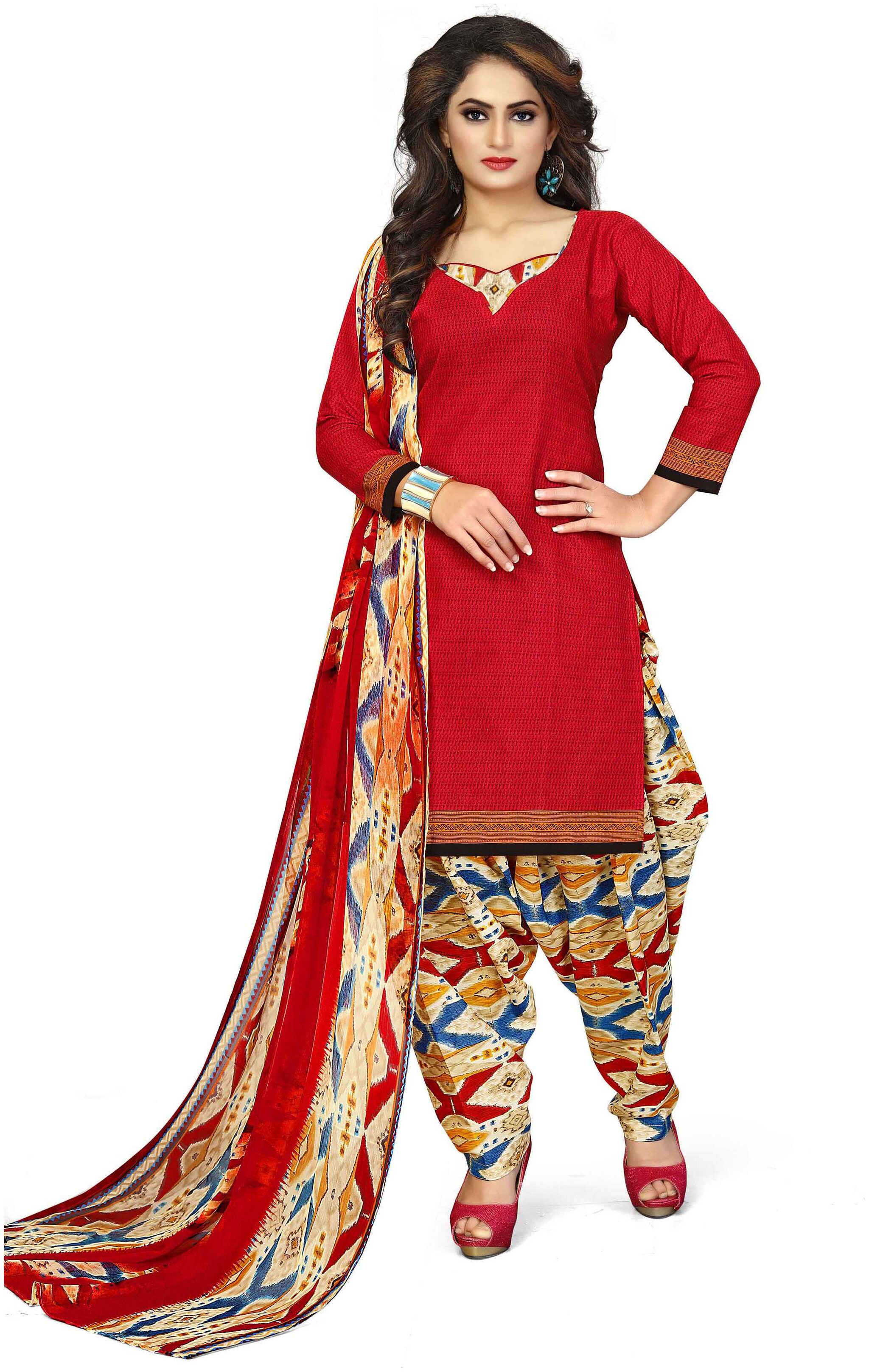

Rajnandini Red Unstitched Kurta with bottom dupatta With dupatta Dress Material