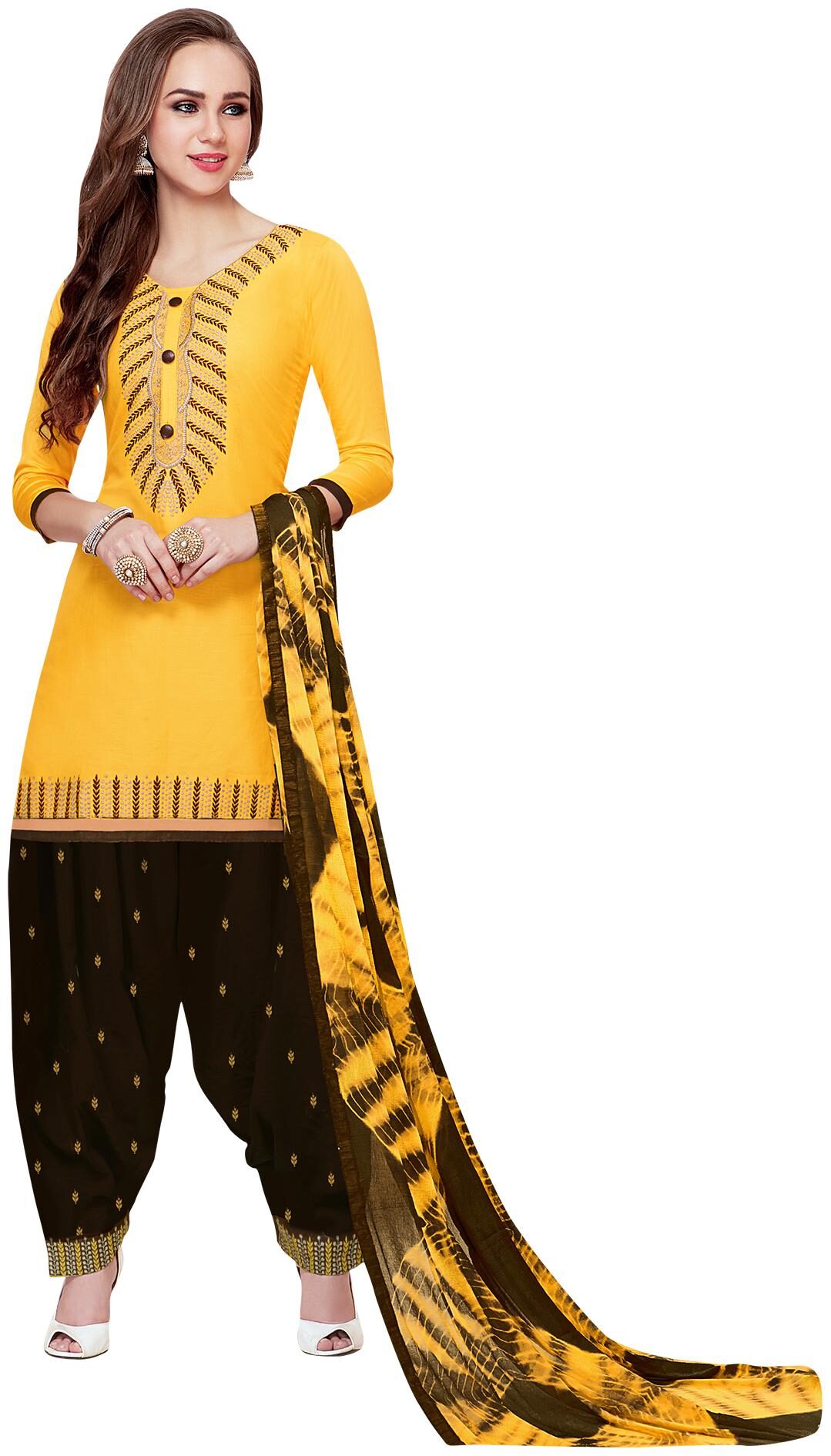 

Rajnandini Yellow Unstitched Kurta with bottom dupatta With dupatta Dress Material