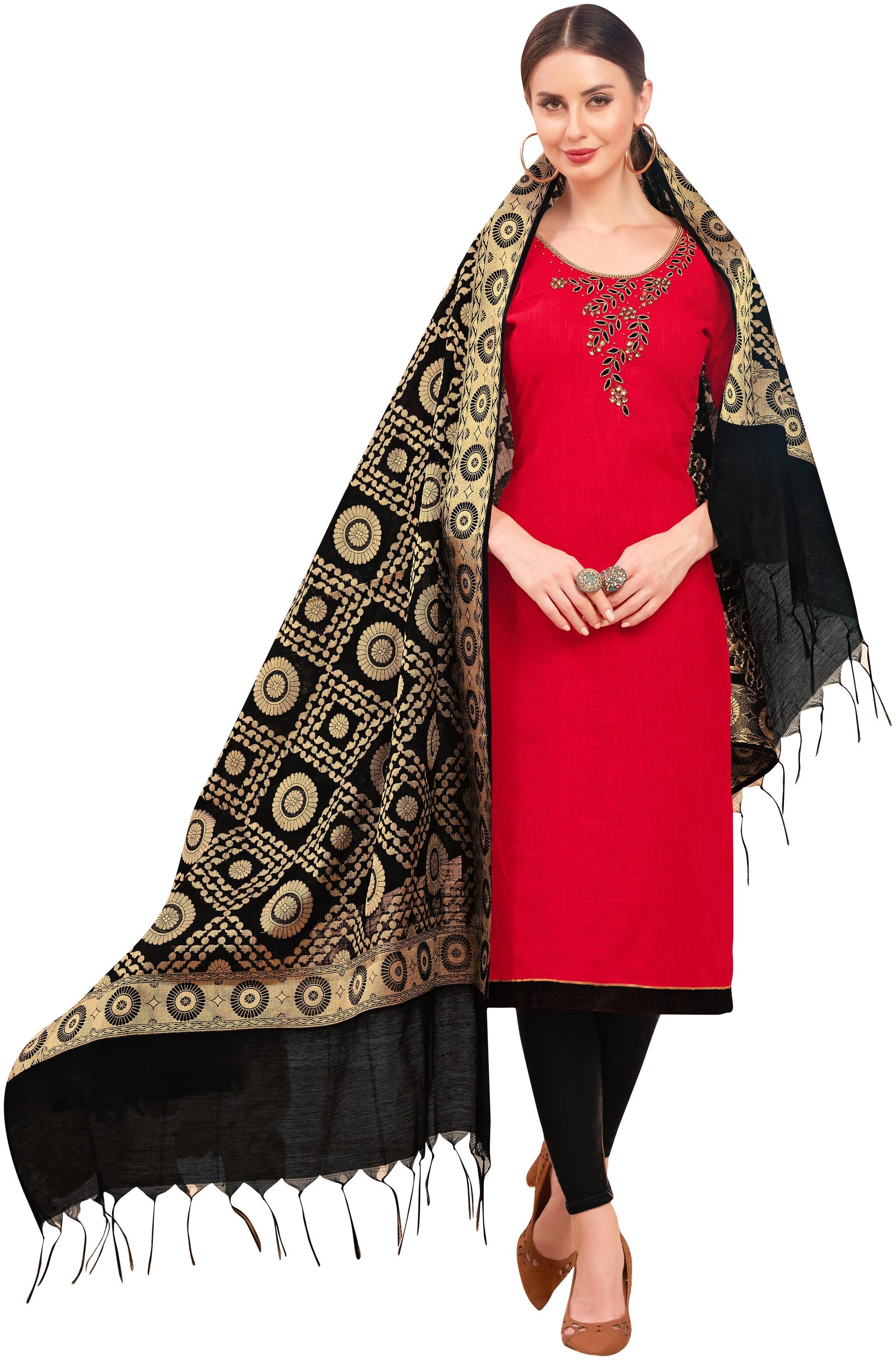 

Rajnandini Red Unstitched Kurta with bottom dupatta With dupatta Dress Material