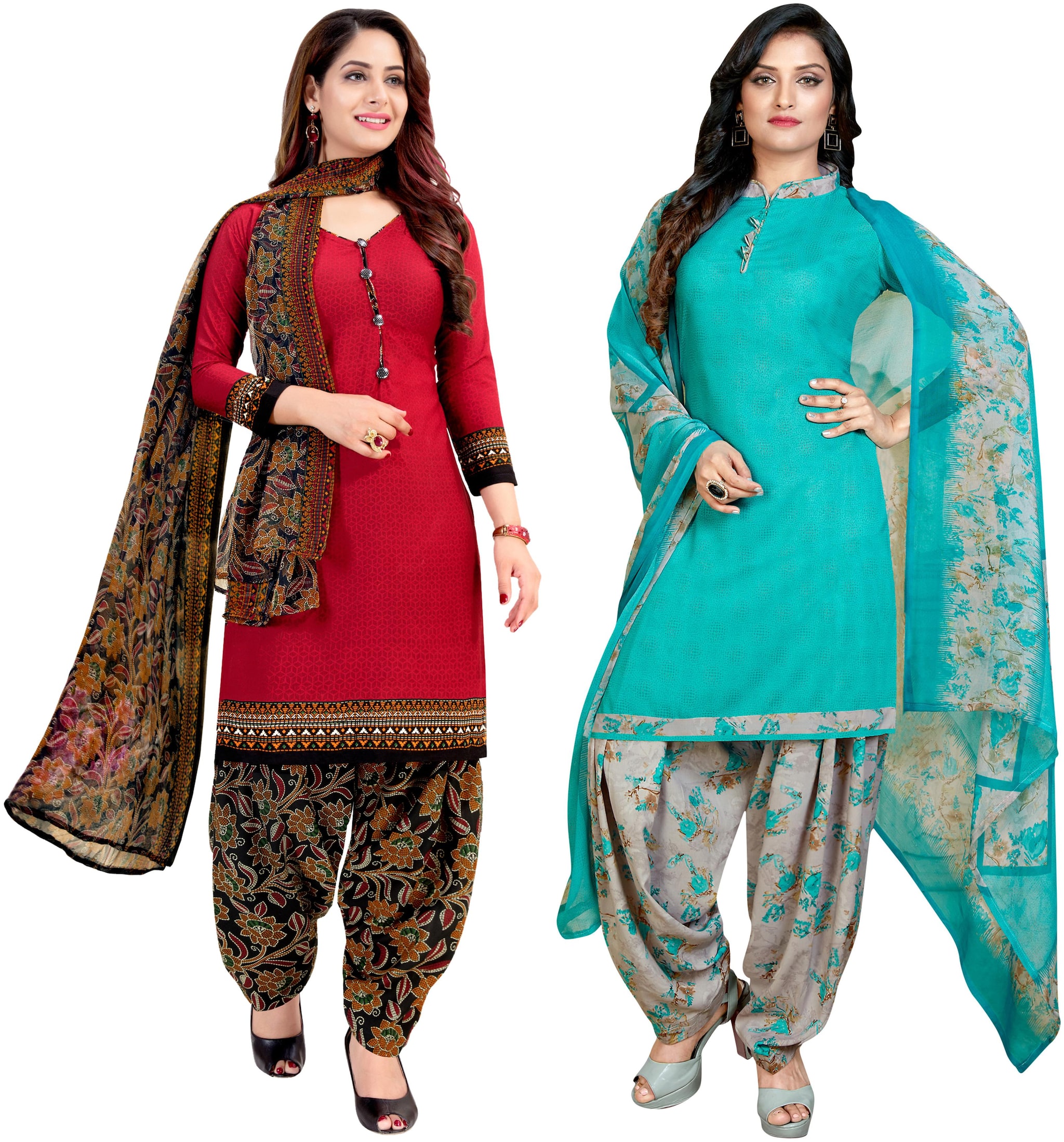 

Rajnandini Red Turquoise Unstitched Kurta with bottom dupatta With dupatta Dress Material