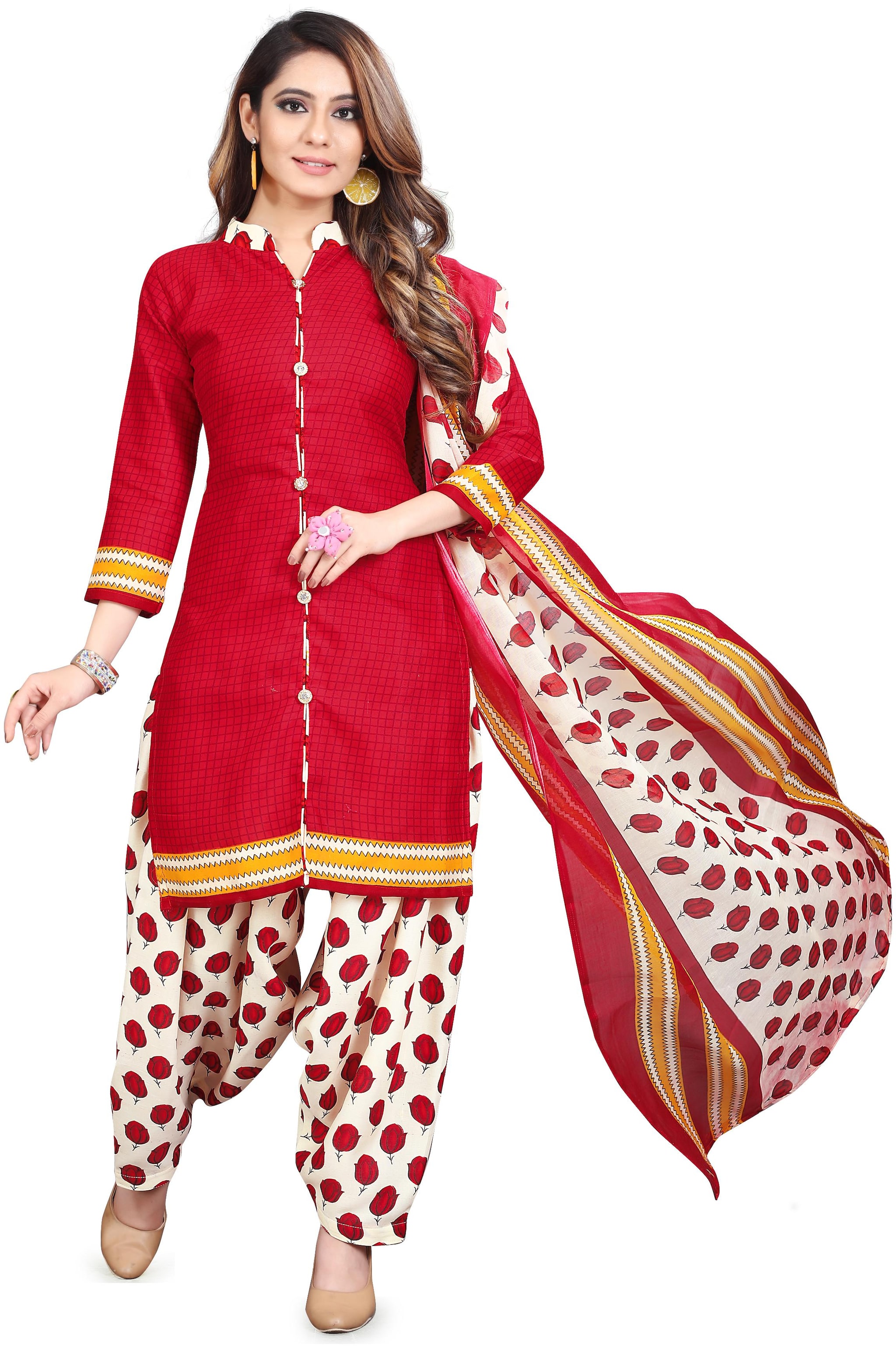

Rajnandini Red Unstitched Kurta with bottom dupatta With dupatta Dress Material