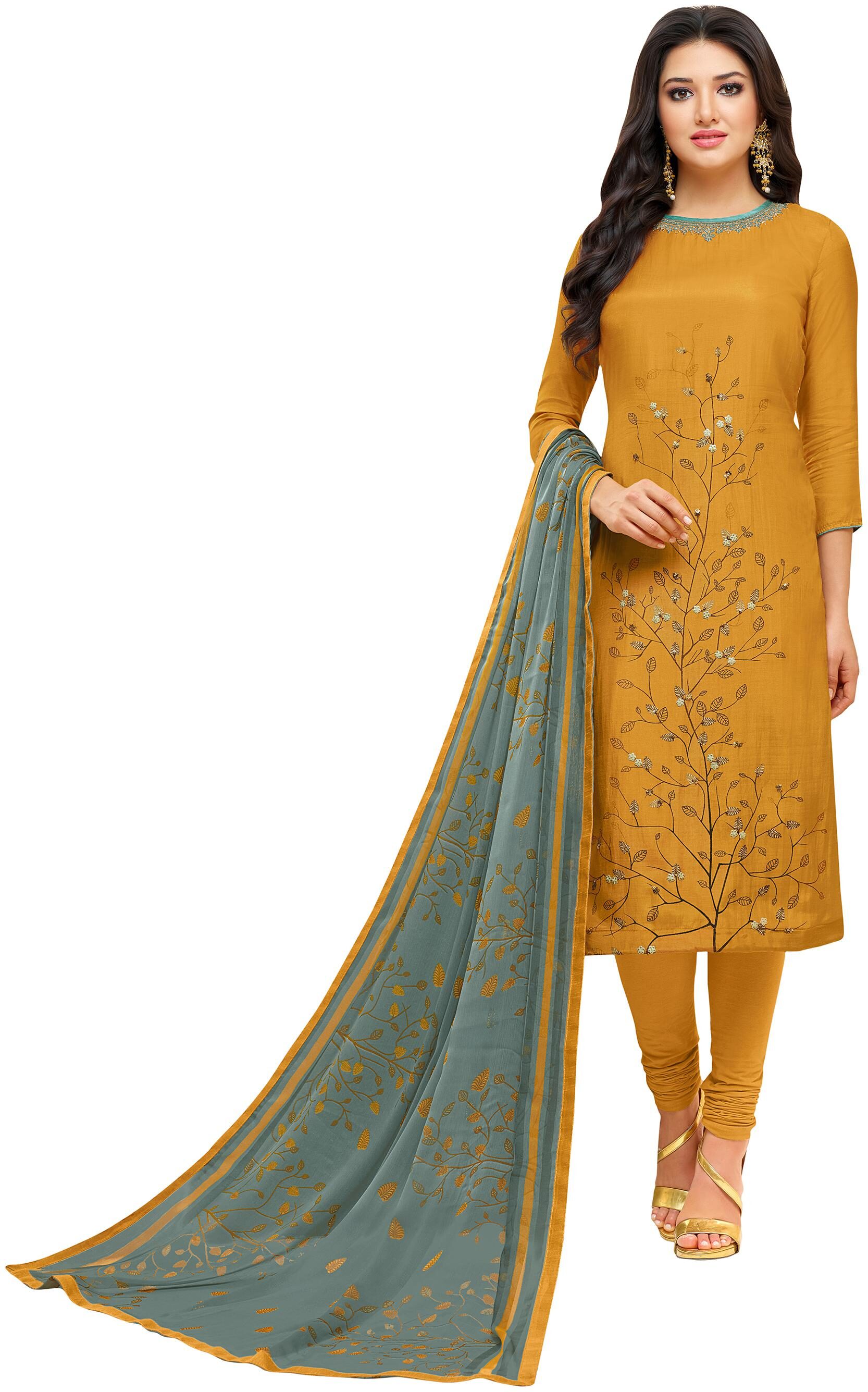 

Rajnandini Women Chanderi Mustard Dress Material