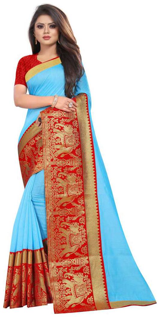 

Rajnandini Women Chandri Cotton Silk Jacquard Pallu Saree(Turquoise Red)