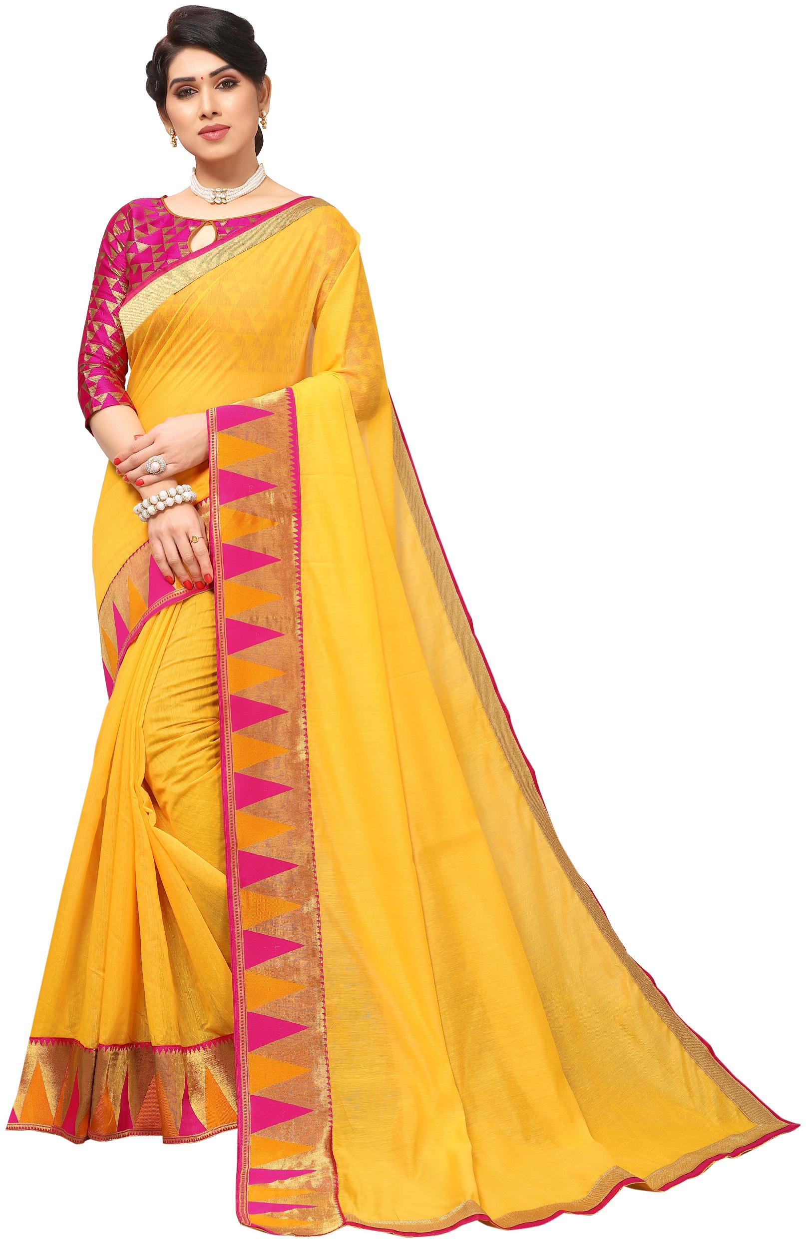 

Rajnandini Women Cotton Solid Yellow Designer Saree With Blouse