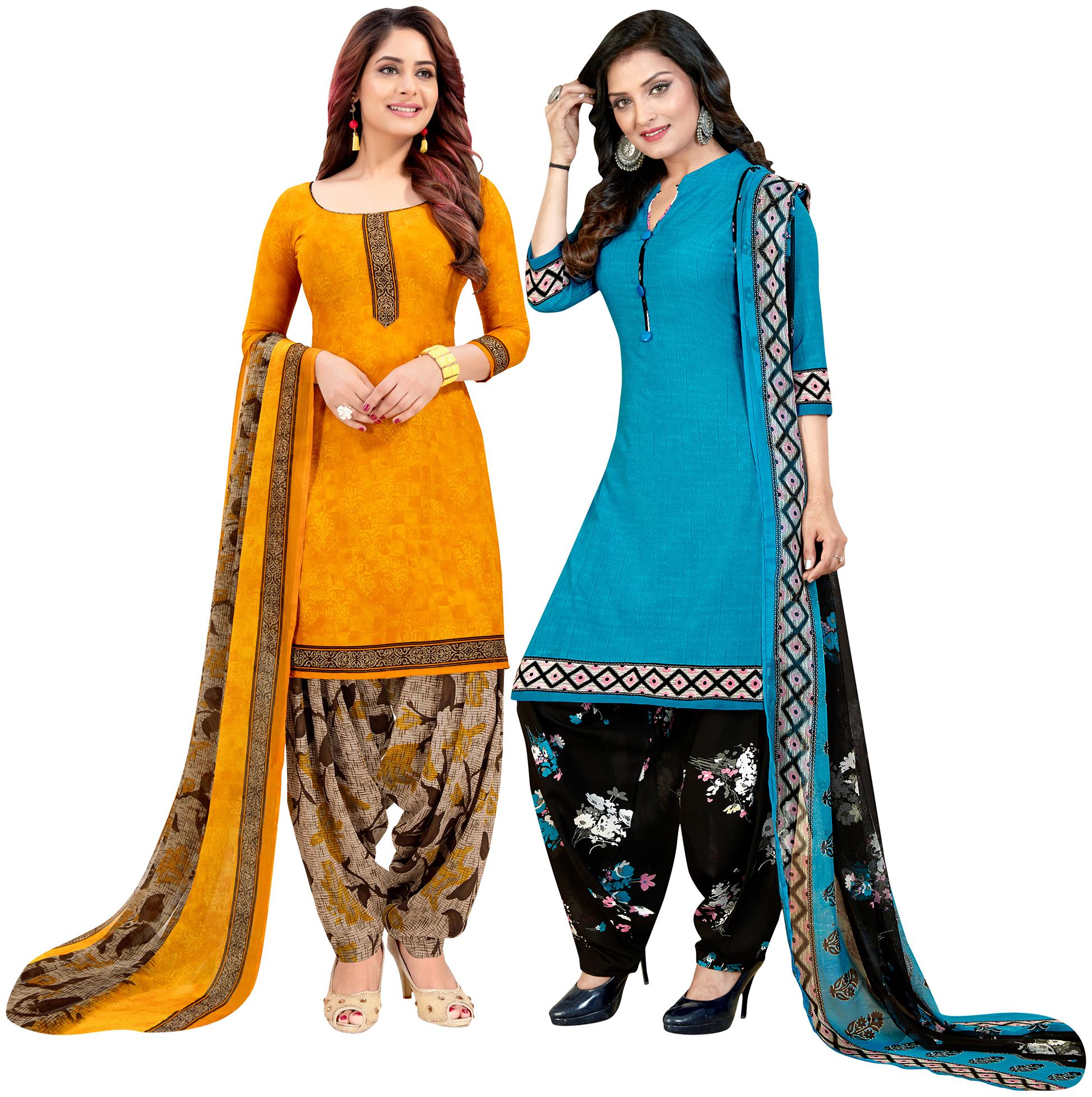 

Rajnandini Yellow Turquoise Unstitched Kurta with bottom dupatta With dupatta Dress Material