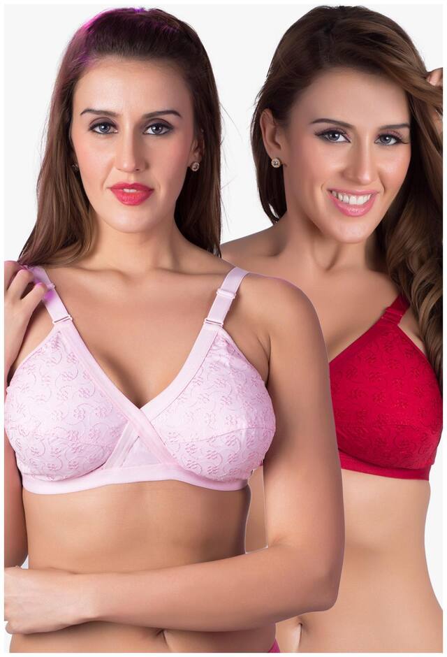 Rajnie Pack of 2 Non Padded Cotton T Shirt Bra - Pink , Red