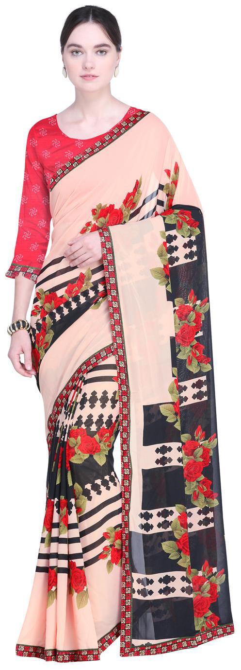 

RAJORI Peach-Coloured Black Poly Georgette Printed Saree