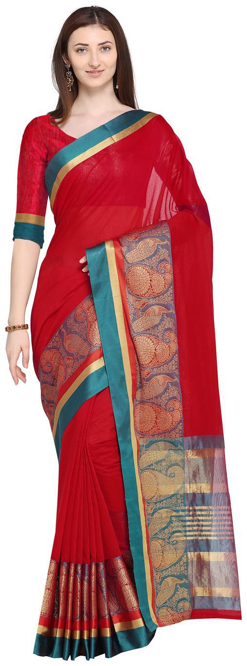 

RAJORI Red Cotton Blend Woven Design Banarasi Saree