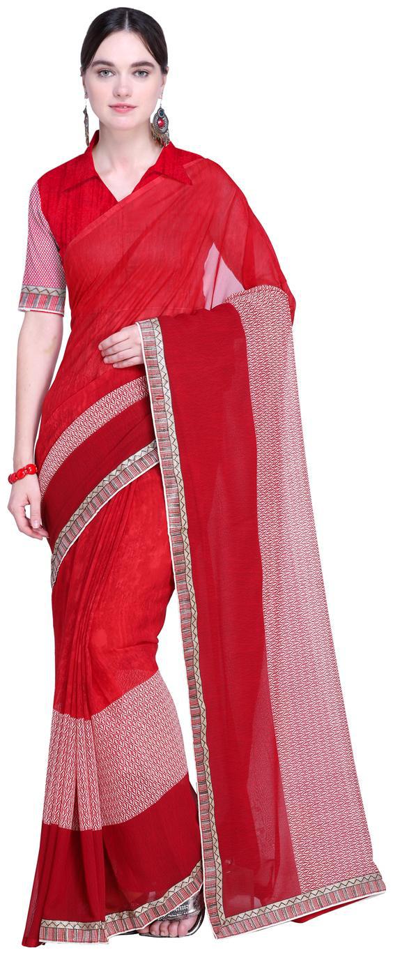 

RAJORI Red Printed Poly Georgette Saree