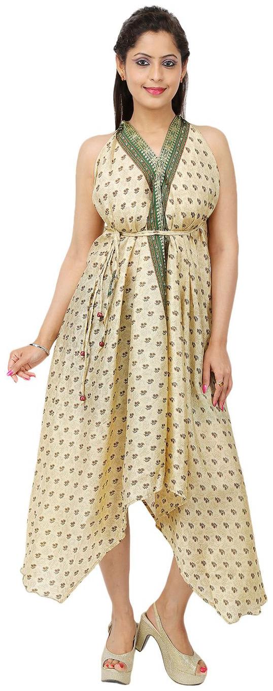 

Rajrang Cream Green Colored Silk Sleeveless Floral Midi A-Line Casual Women Dress