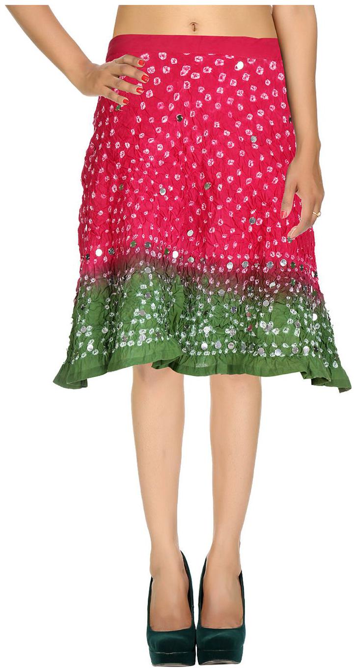 

Rajrang Dark Magenta Green Ethnic Tie Dye Cotton Cambric Calf Casual Skirt