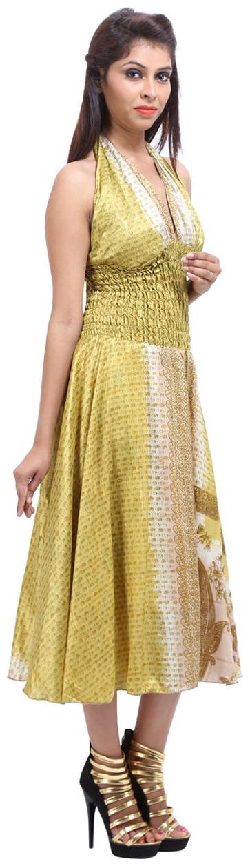 

Rajrang Green Brown Colored Silk Sleeveless Printed Midi A-Line Casual Women Dress