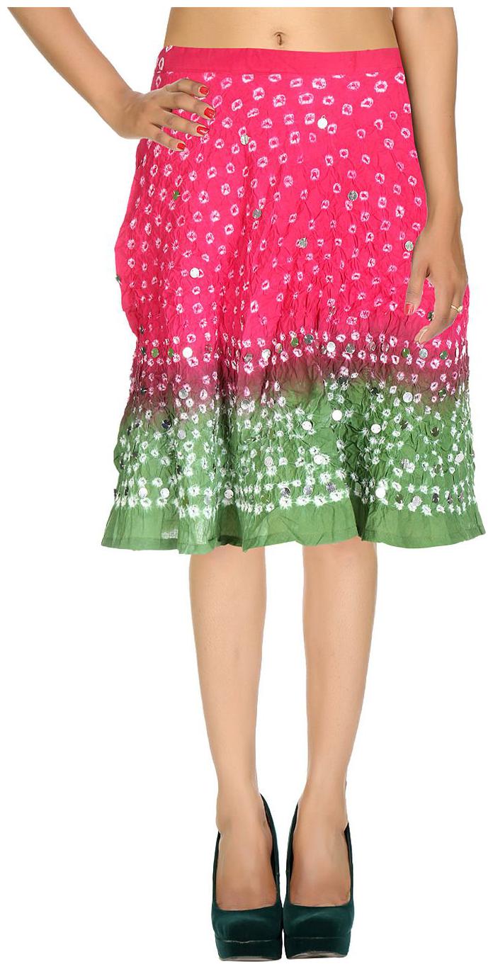 

Rajrang Light Magenta Green Ethnic Tie Dye Cotton Calf Casual Skirt