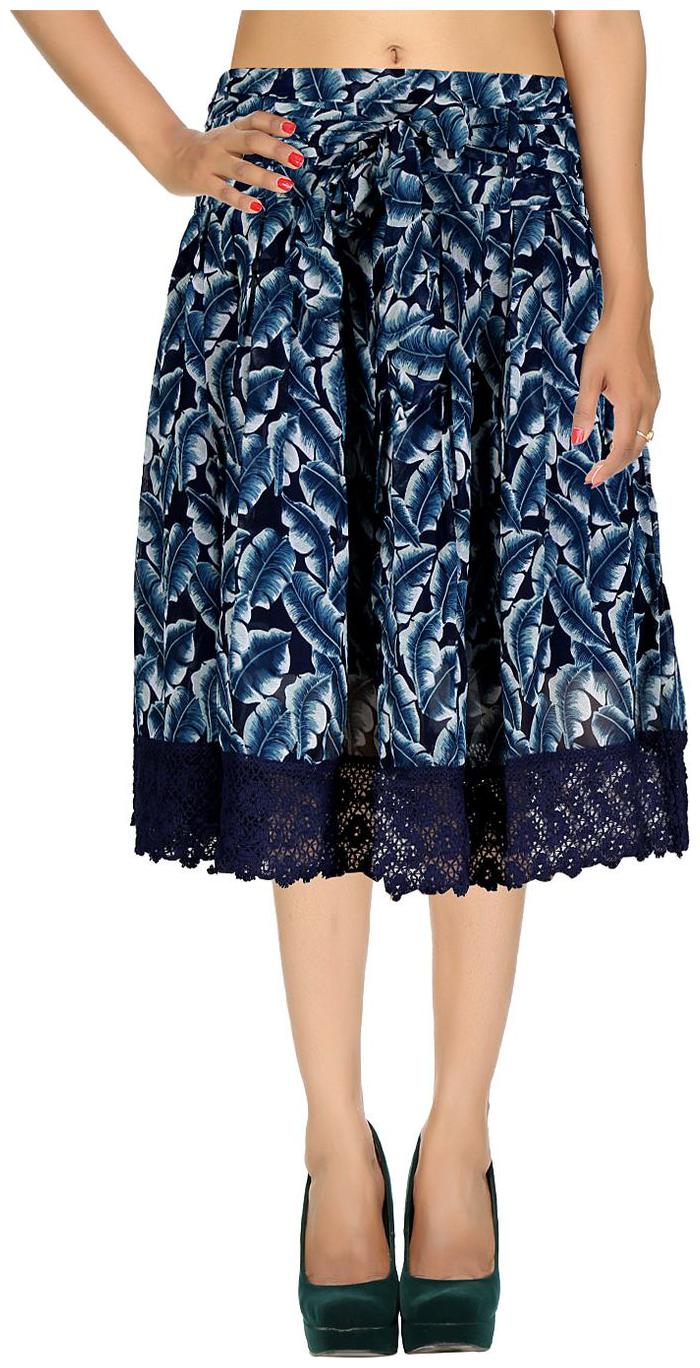 

Rajrang Navy Blue Leaves Printed Georgette Midi Casual Skirt
