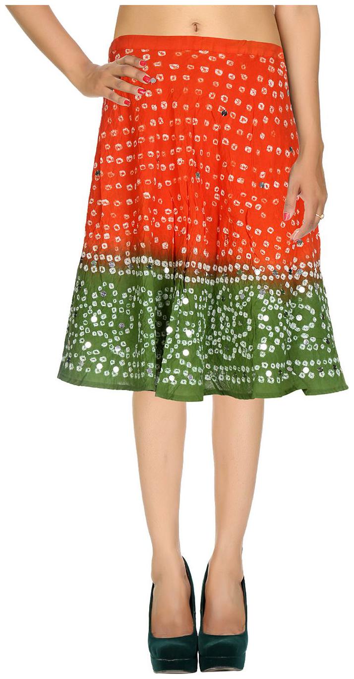 

Rajrang Orange Green Ethnic Tie Dye Cotton Cambric Calf Casual Skirt