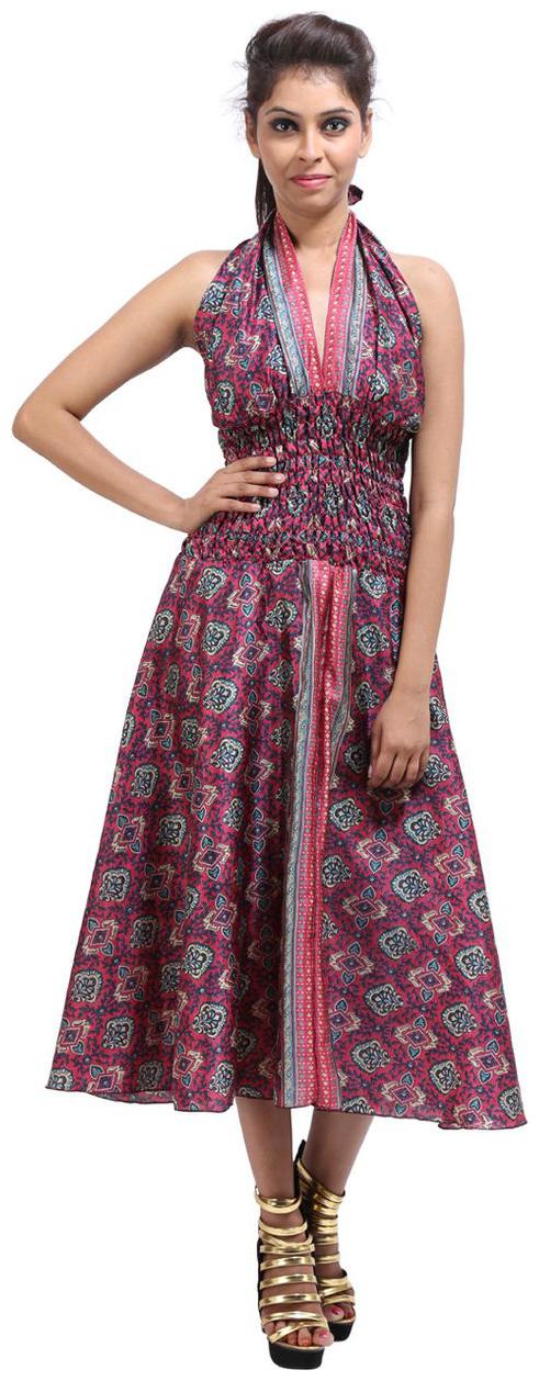 

Rajrang Pink Green Colored Silk Sleeveless Floral Midi A-Line Casual Women Dress