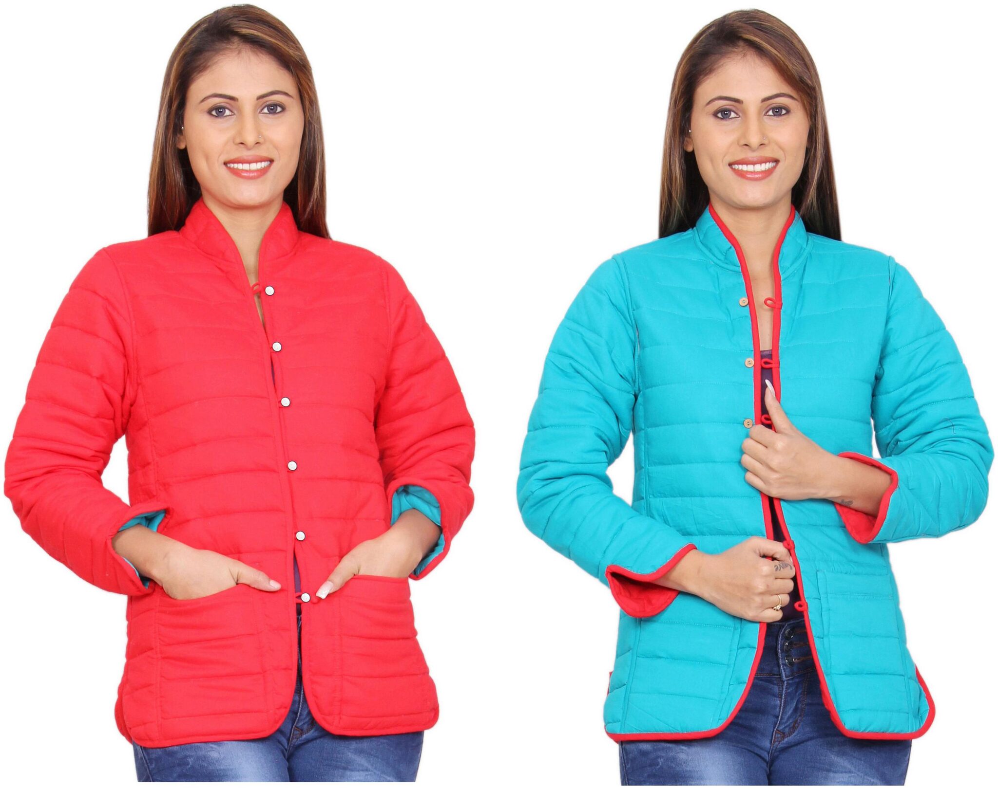

Rama Plain Red Turquoise Cotton Reversible Jacket