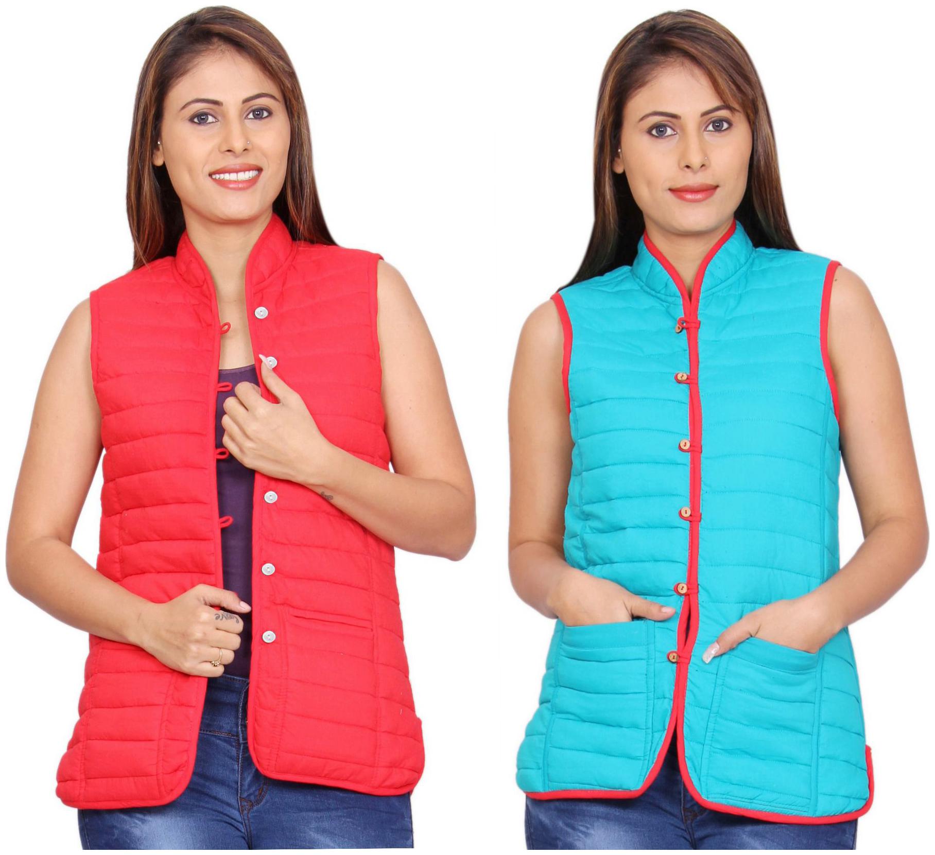 

Rama Plain Red Turquoise Cotton Reversible Jacket